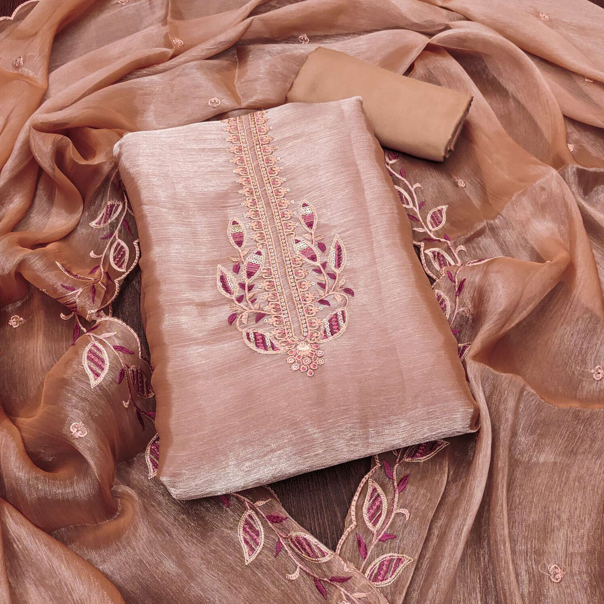 Peachmode Dusty Peach Floral Sequins Embroidered Burberry Zoya Silk Dress Material