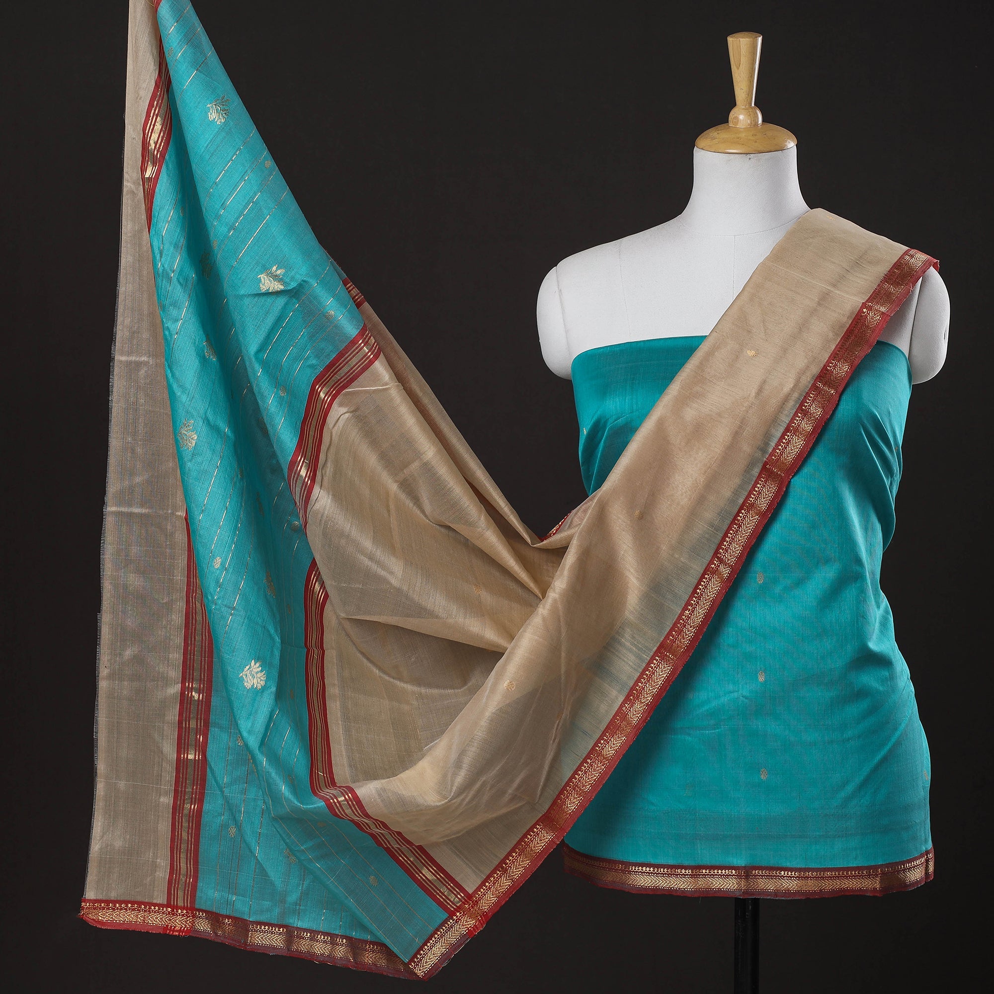 ITOKRI CRAFTS INITIATIVE Blue - 3pc Chanderi Silk Handloom Nakshi Zari Suit Material Set