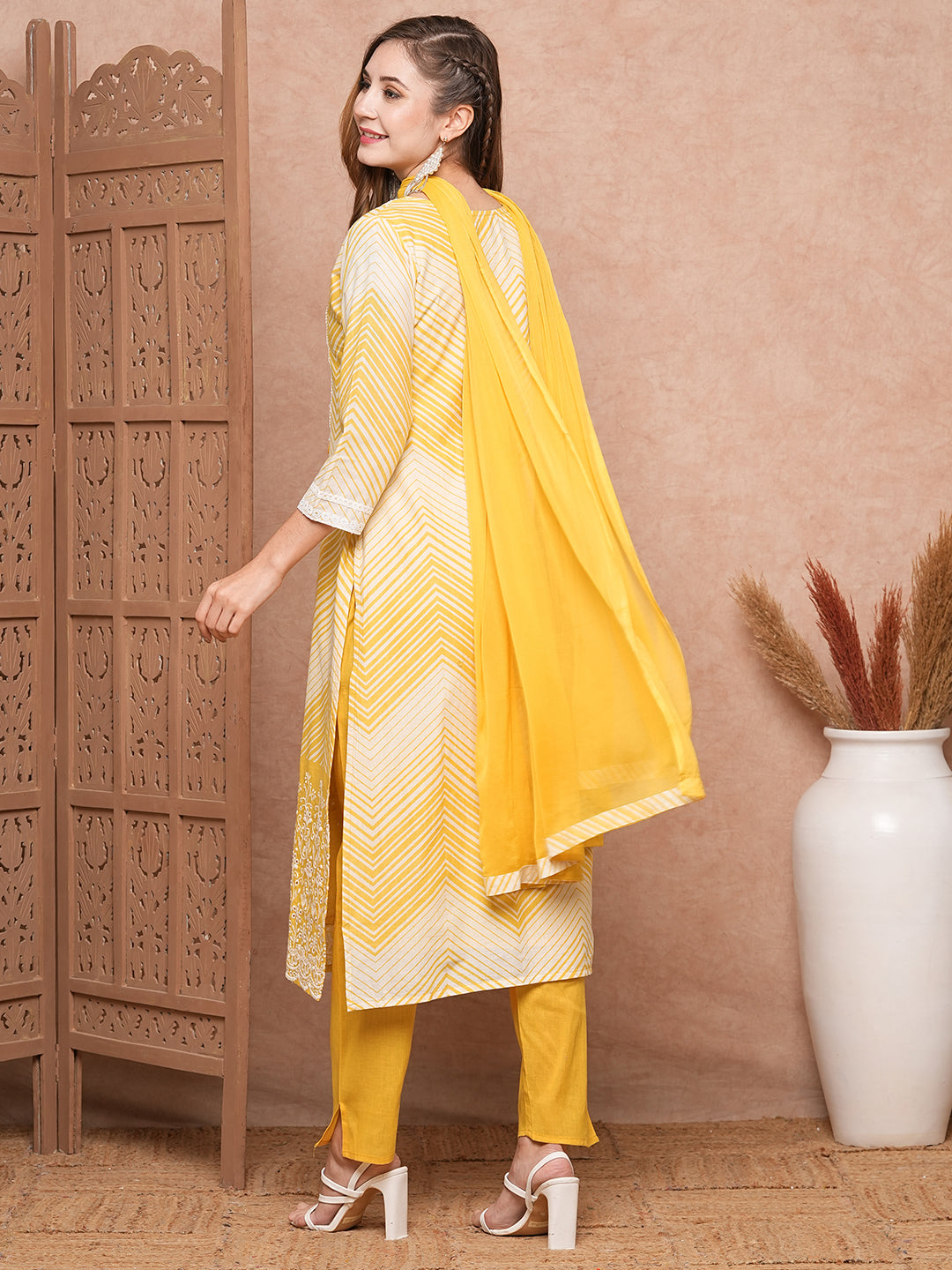 Fashor Chevron Printed Mother-of-Pearl Embellished Schiffili Kurta with Pants & Dupatta - Yellow - view 6