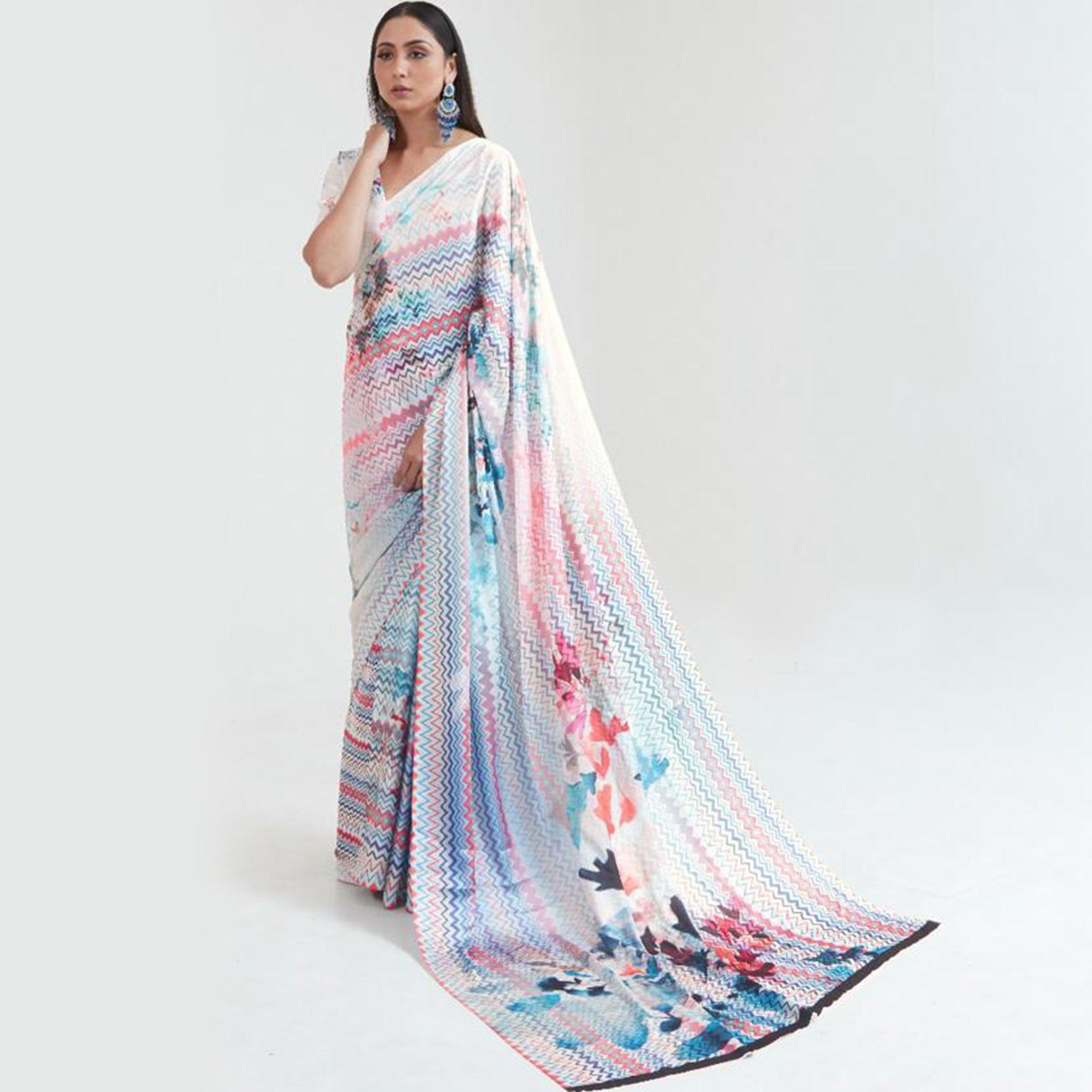 Peachmode Intricate Multi Coloured Casual Wear Digital Printed Satin Saree