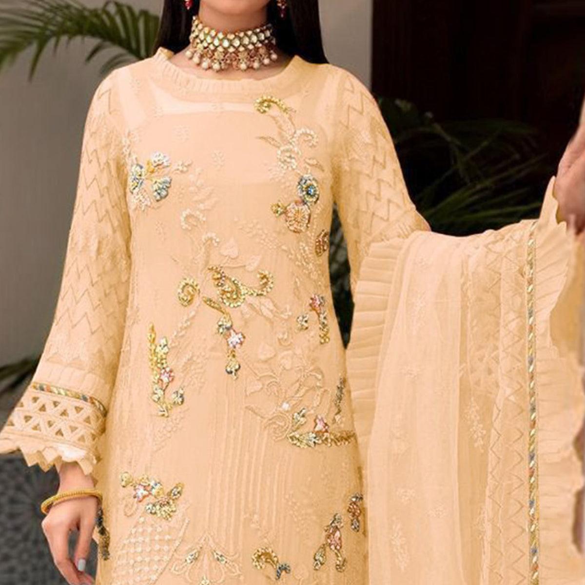 Peachmode Chikoo Floral Sequins Embroidered Work Georgette Pakistani Suit - view 3