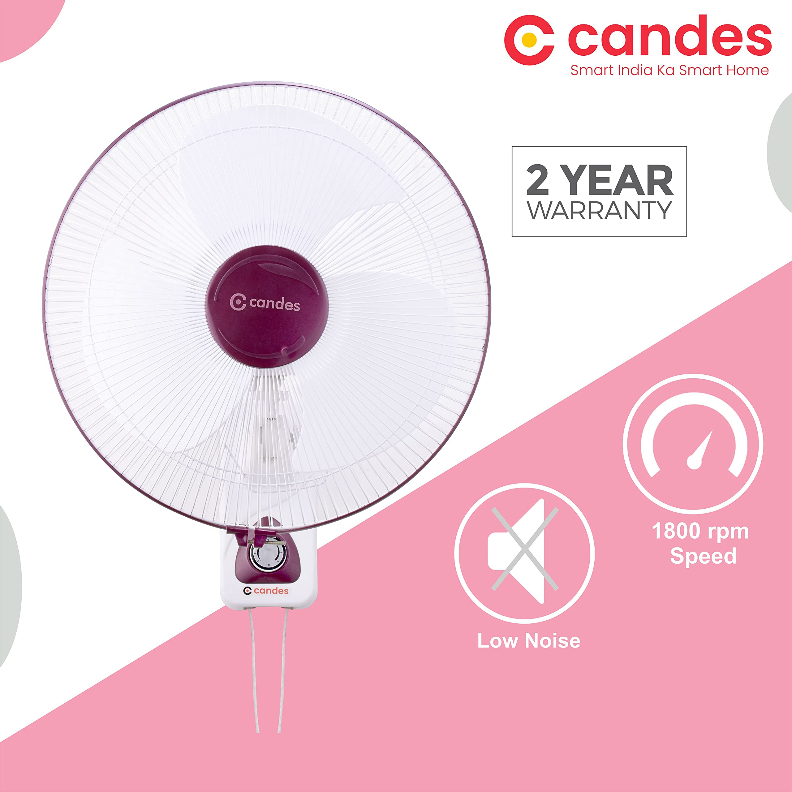 Candes Aura 3 Blade Automatic Oscillation Wall Fan With 2 Year Warranty (White Cherry, 400mm) - view 4