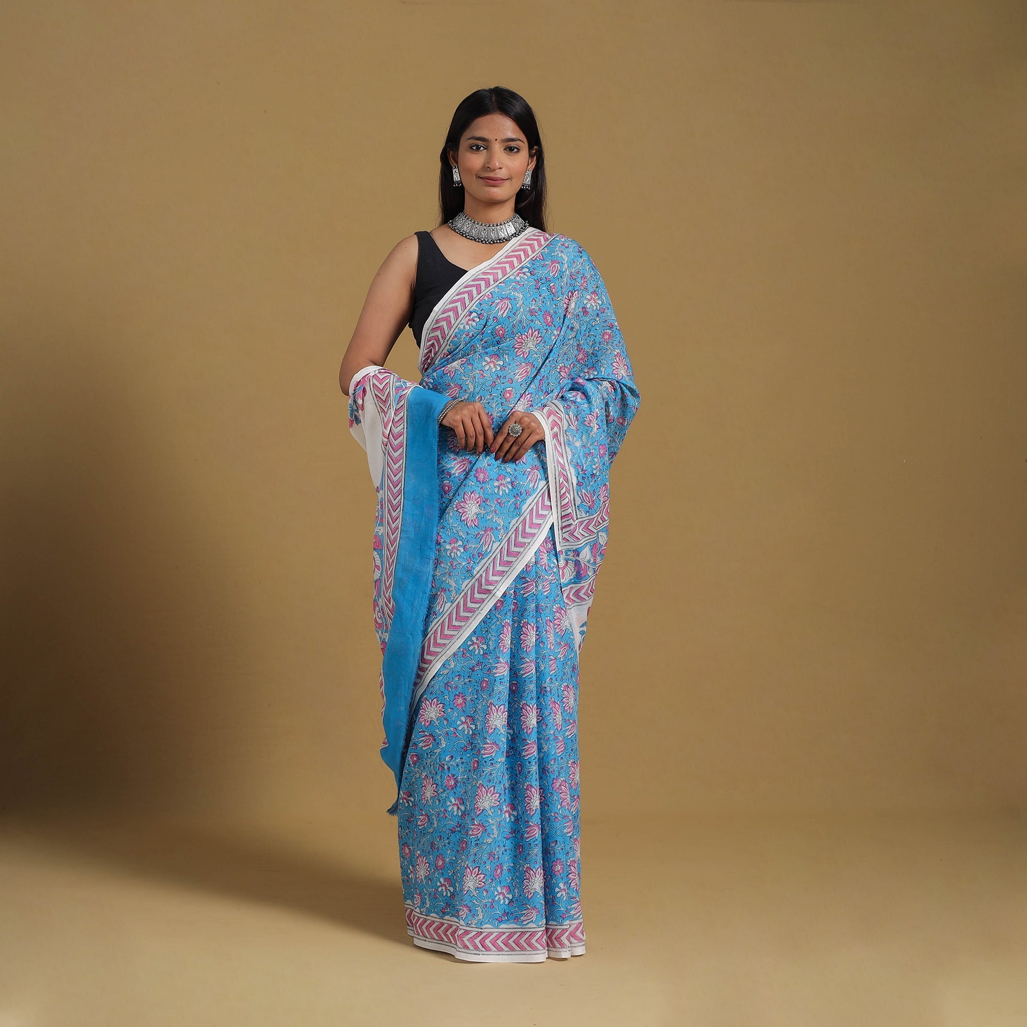 ARTISAN HAND BLOCK PRINTS Blue - Block Print Mul Cotton Sanganeri Saree 06