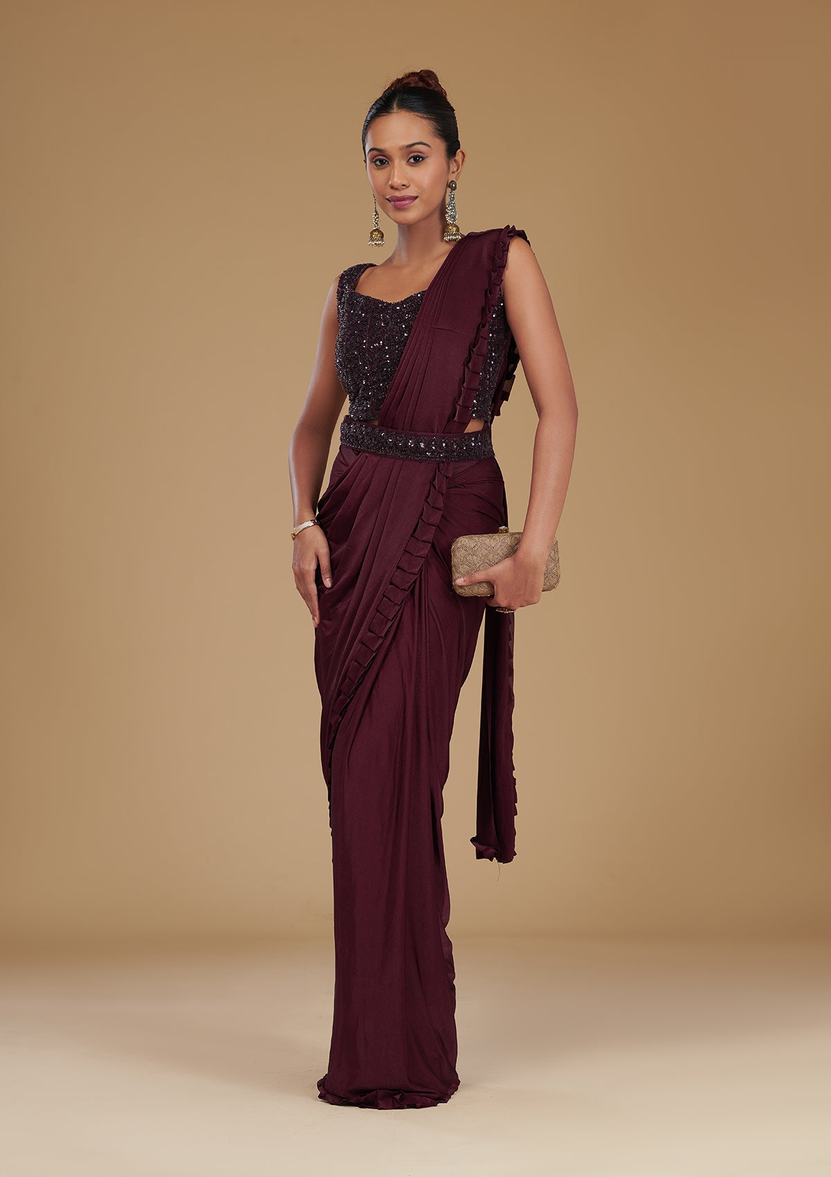 Koskii Wine Cutdana Satin Readymade Saree – Women's