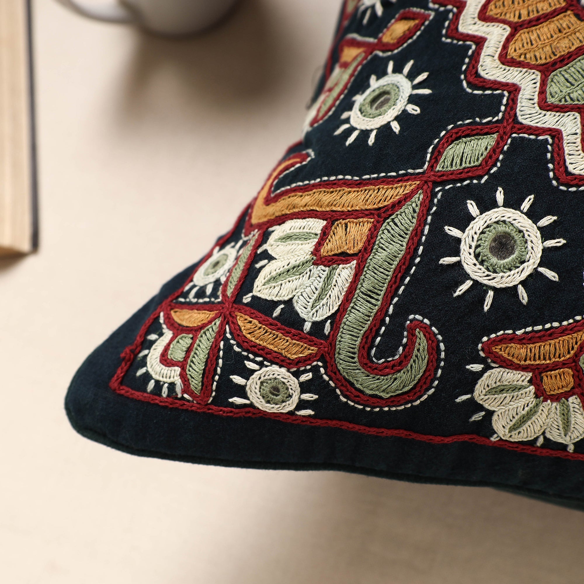 Black - Kala Raksha Pakko Hand Embroidery Cotton Cushion Cover (16 x 16 in) - view 2