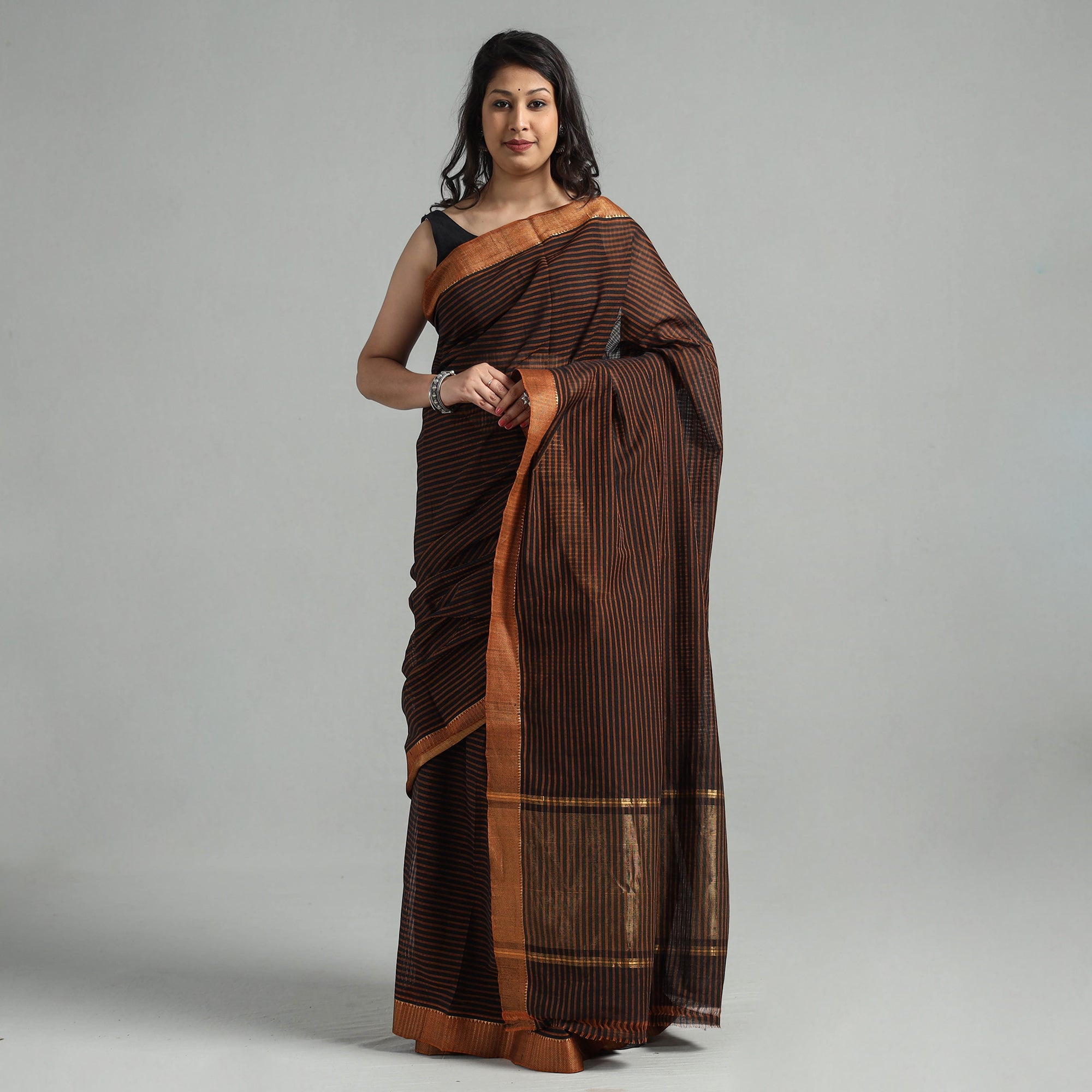 ITOKRI CRAFTS INITIATIVE Brown - Mangalagiri Stripe Cotton Handloom Saree with Ikat Blouse