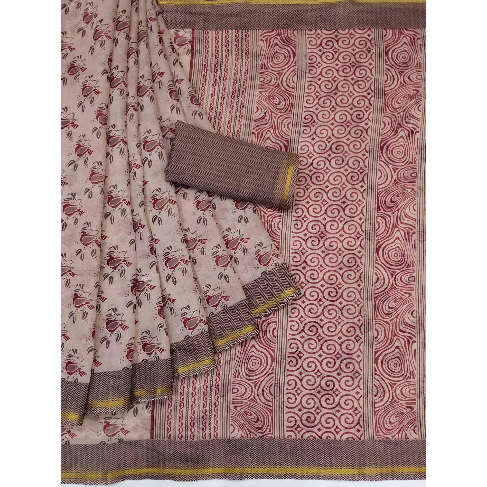Peachmode Light Brown Floral Printed Cotton Blend Saree - view 3