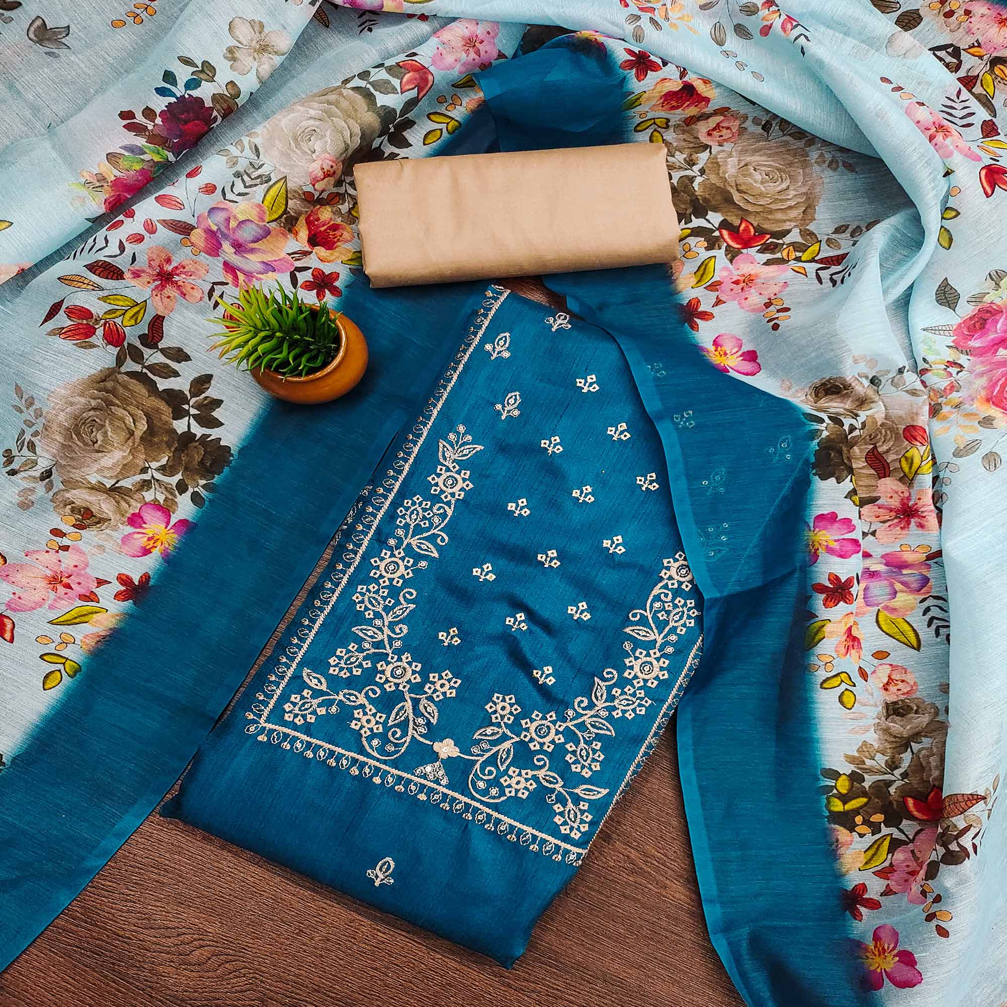 Peachmode Morpich Blue Floral Sequins Embroidered Cotton Blend Dress Material