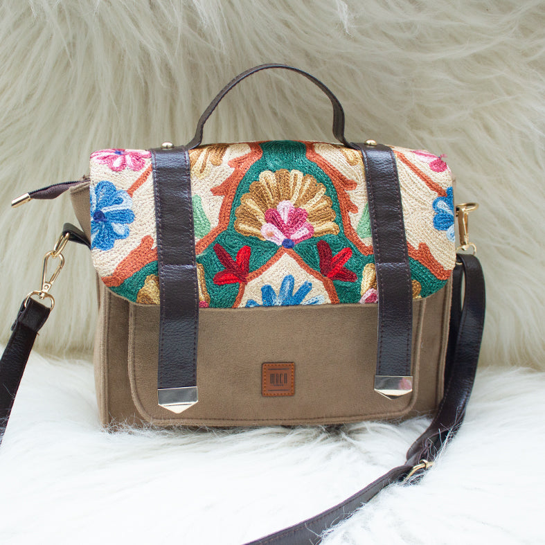 WOCA DESIGNS Beige - Silica Hand Embroidery Suede Satchel Sling Bag - view 2