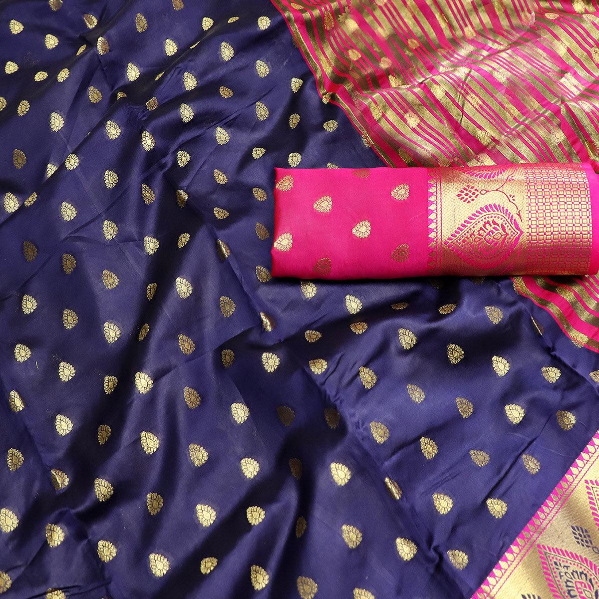 Peachmode Magnetic Navy Blue Colored Festive Wear Woven Litchi Kota Silk Saree - view 2