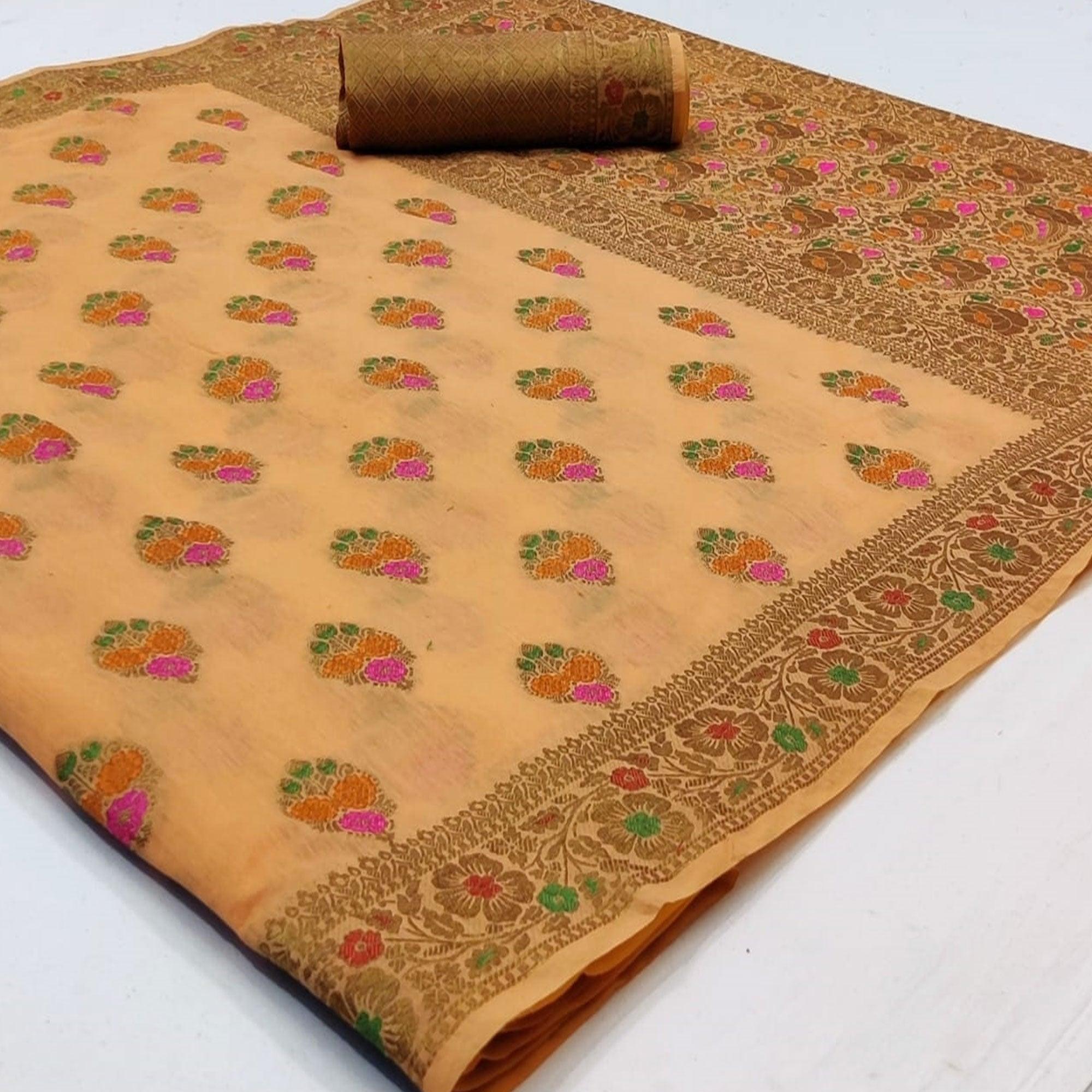 Peach sarees – BlackTree glowing-peach-colored-festive-wear-woven-cotton-saree-97413