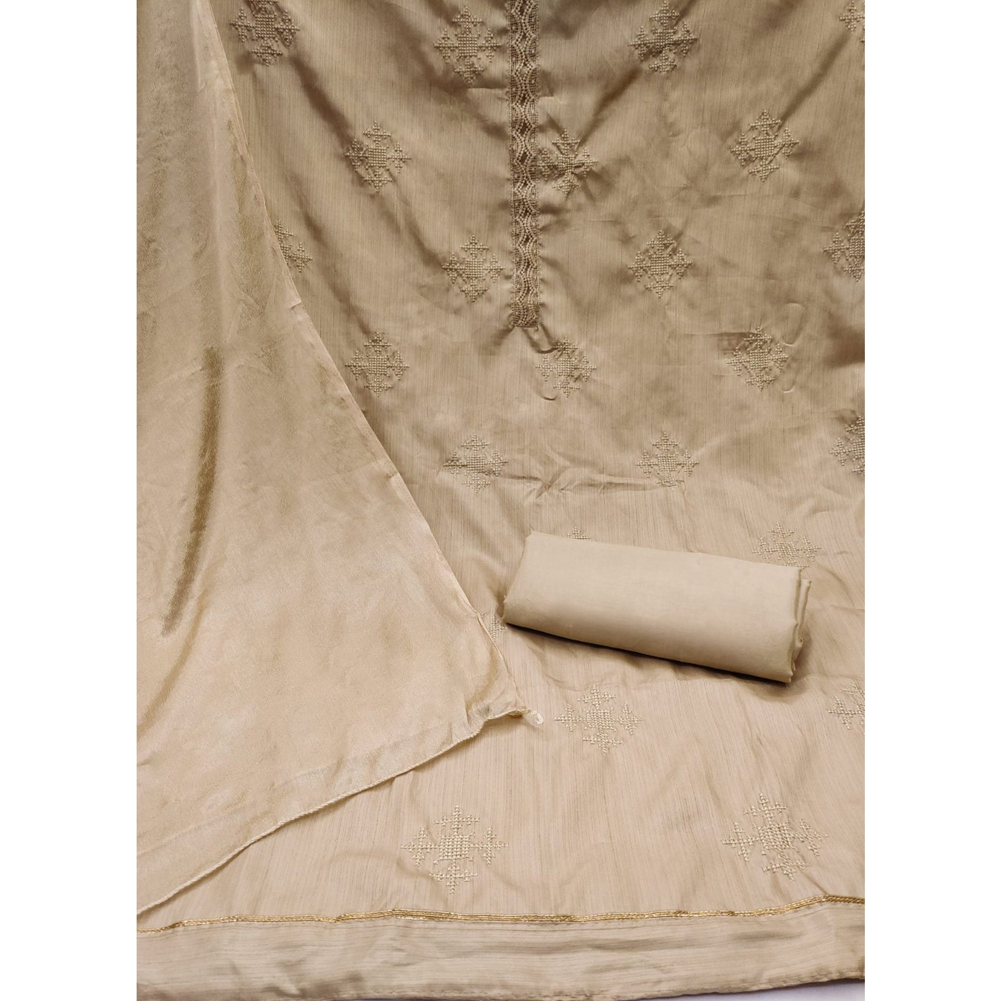 Peachmode Light Chikoo Embroidered Raw Silk Dress Material - view 3
