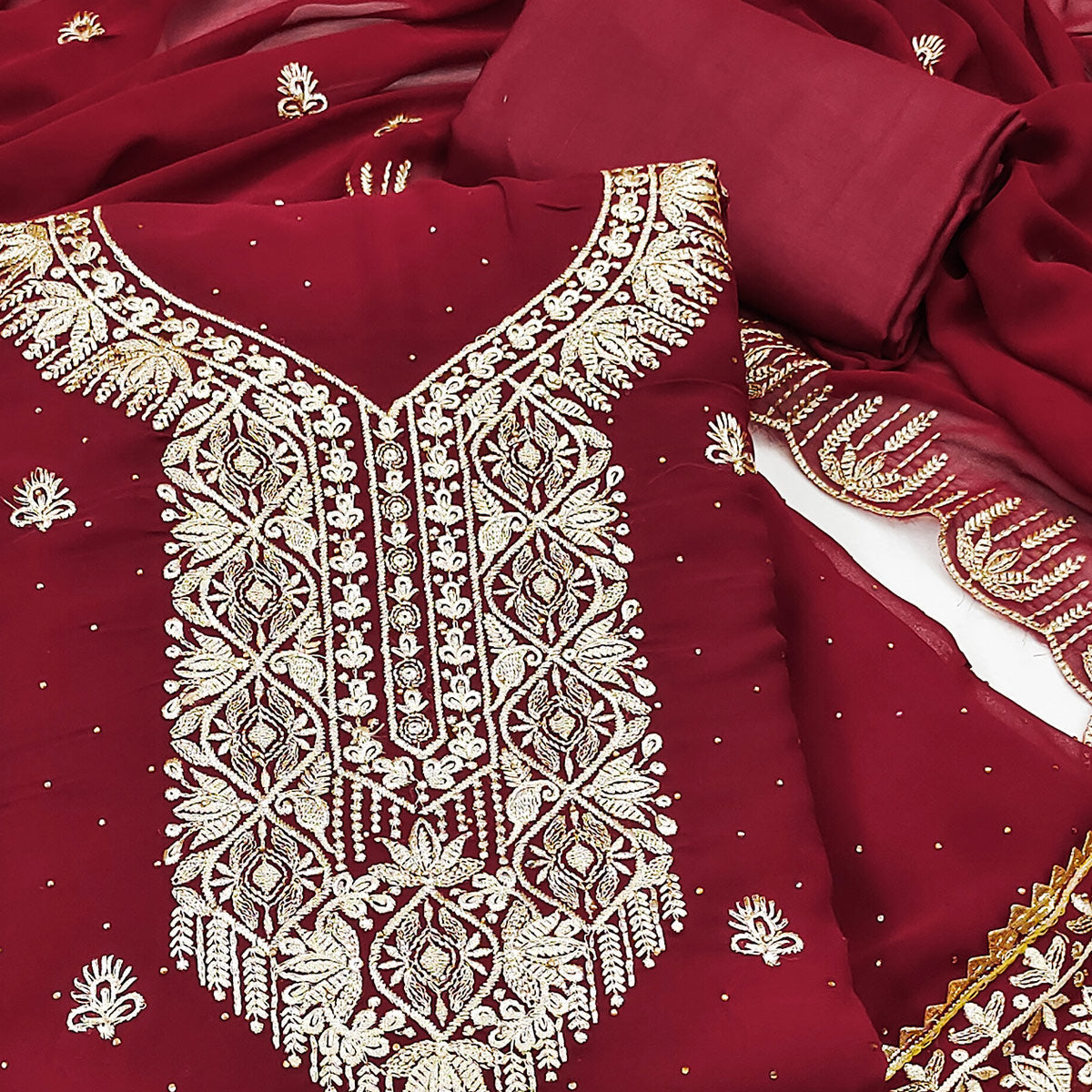 Peachmode Maroon Floral Embroidered With Stonework Georgette Dress Material - view 2