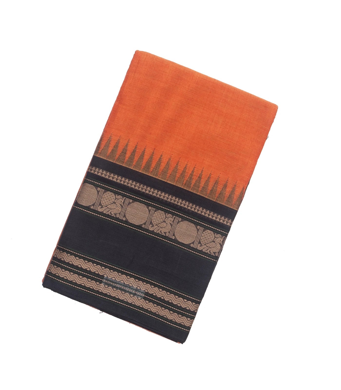 RmKV Orange Handloom Korvai Kanchi Cotton Saree With Annam Buttas