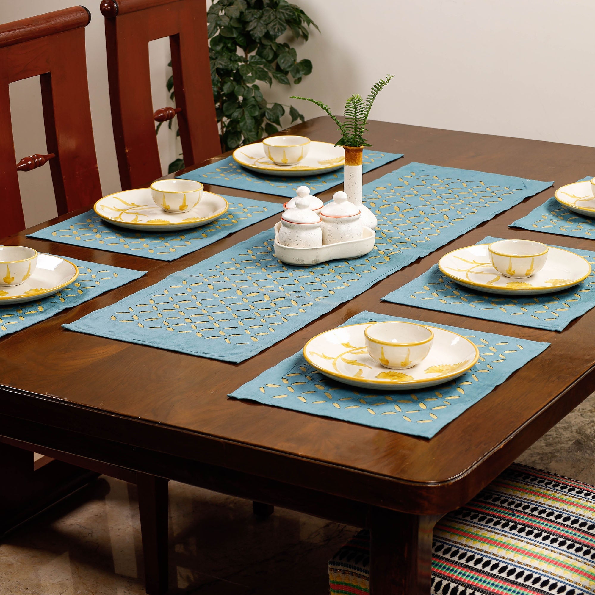 SHADES OF MARUDHARA Blue - Applique Cut Work Cotton Table Runner with Table Mats (set of 6)