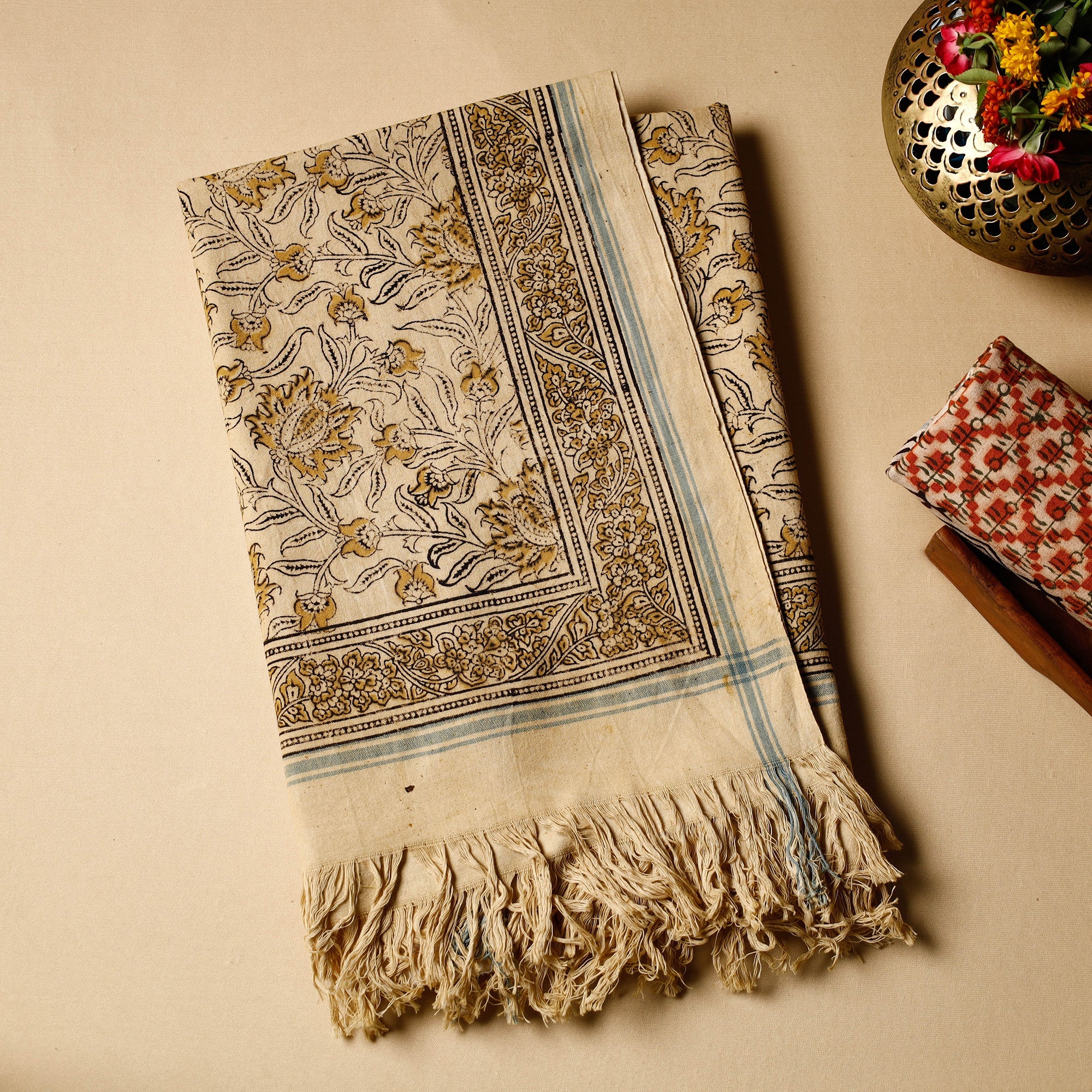PITCHUKA SRINIVAS KALAMKARI PEDANA Beige - Pedana Kalamkari Block Printed Handloom Cotton Towel