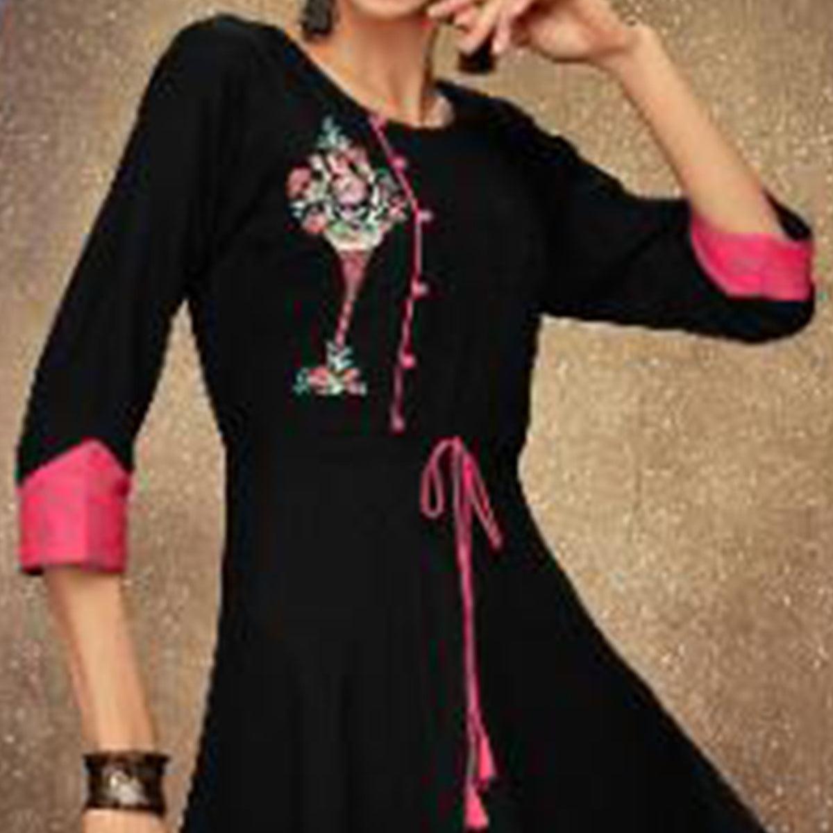 Peachmode Seller Dazzling Black Colored Partywear Embroidered Heavy Rayon Long Kurti - view 2