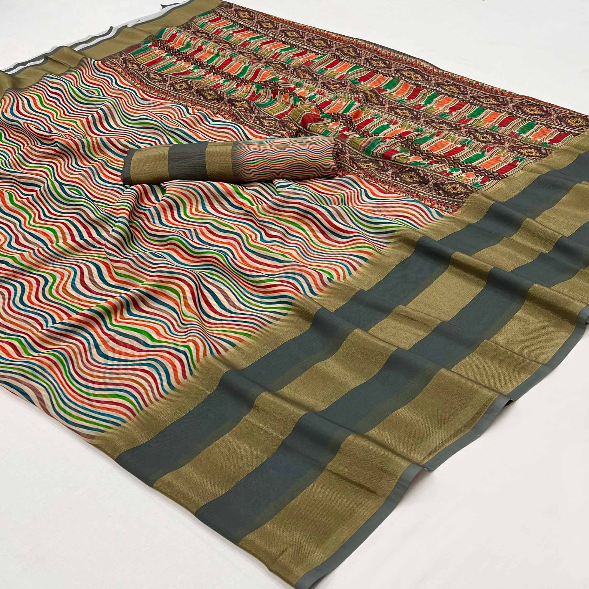 Peachmode Grey Striped Digital Printed Georgette Saree