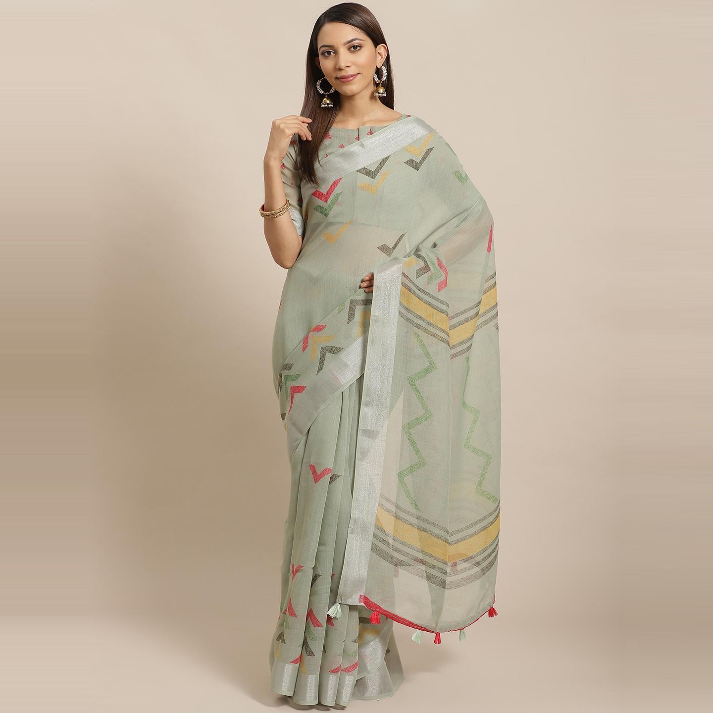 Peachmode Elegant Olive Colored Casual Wear Printed Linen Saree