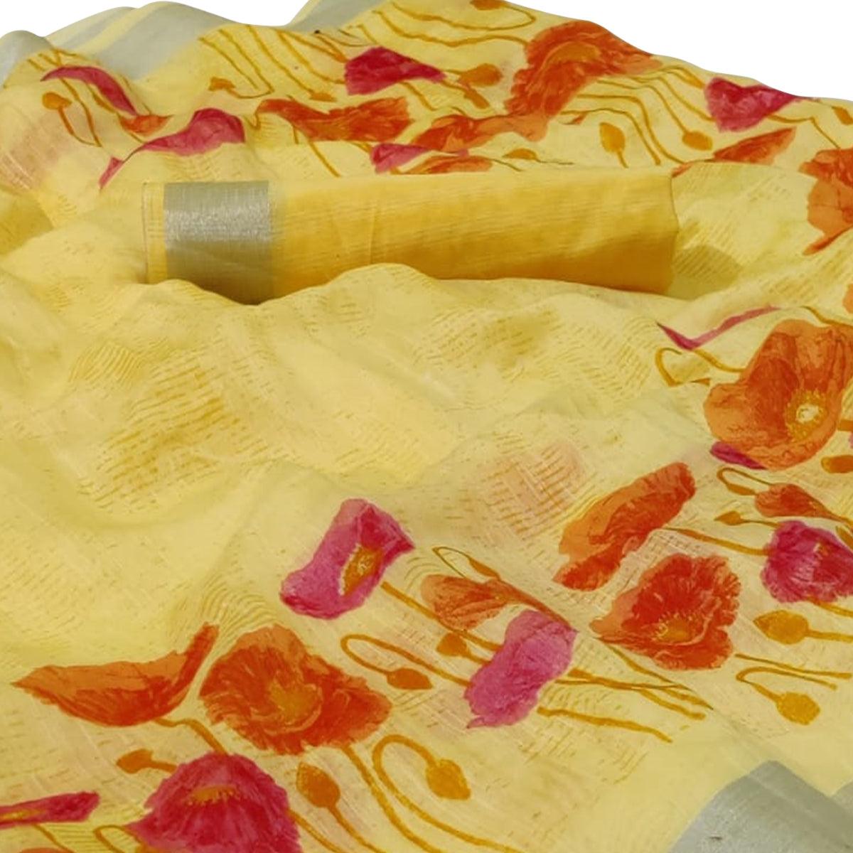 Peachmode Majesty Yellow Colored Casual Floral Printed Linen Saree - view 2