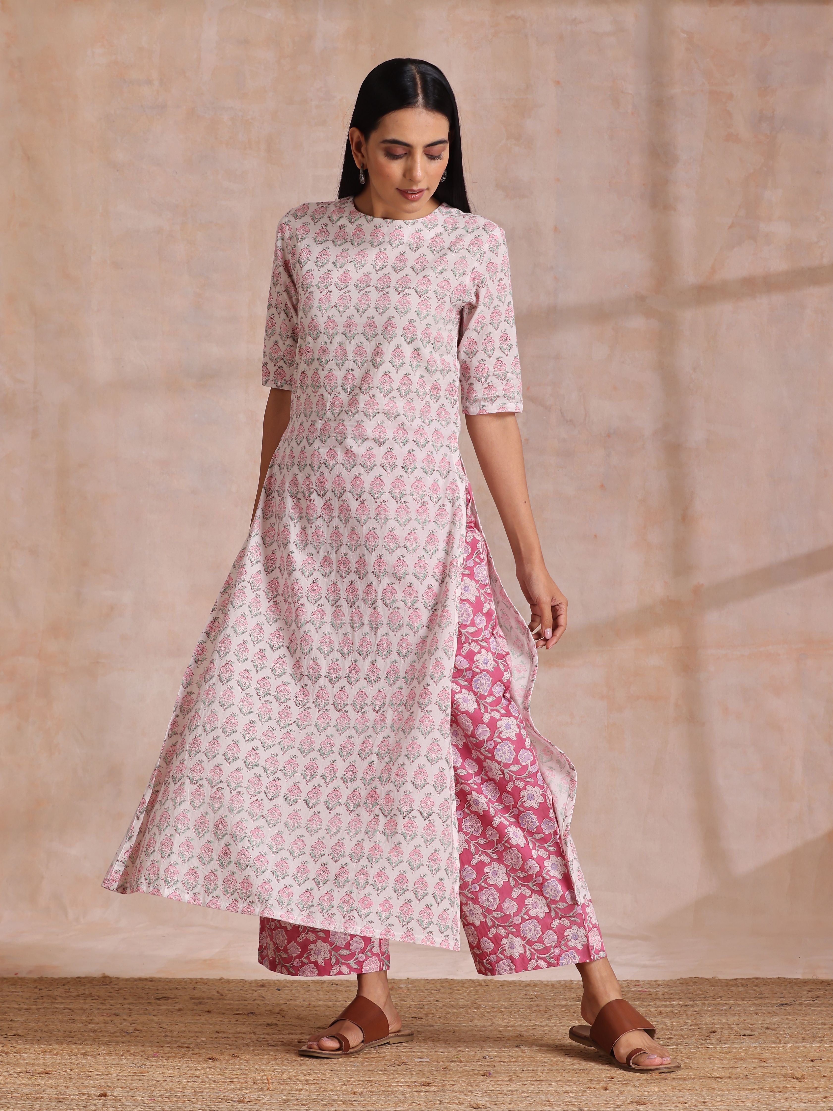 Pink Green Floral On White Block Print Cotton Slit Kurta Pant Set | Relove - view 2