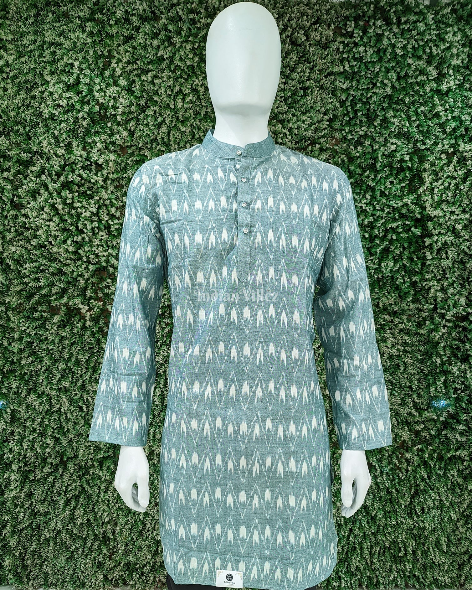 IndianVillèz Light Green Pasapali Sambalpuri Ikat Cotton Long Kurta For Men