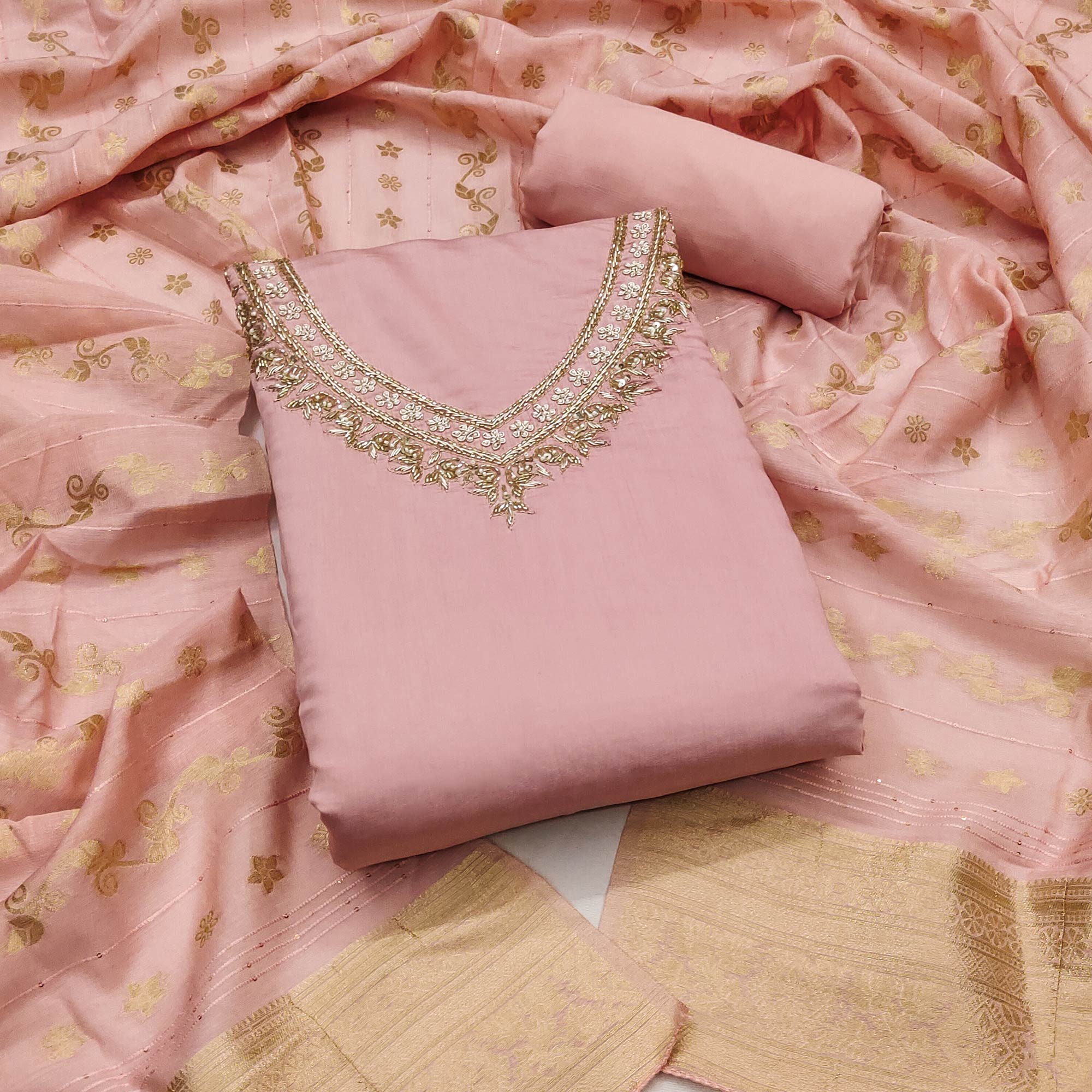 Peachmode Peach Beads Embroidered Viscose Dress Material