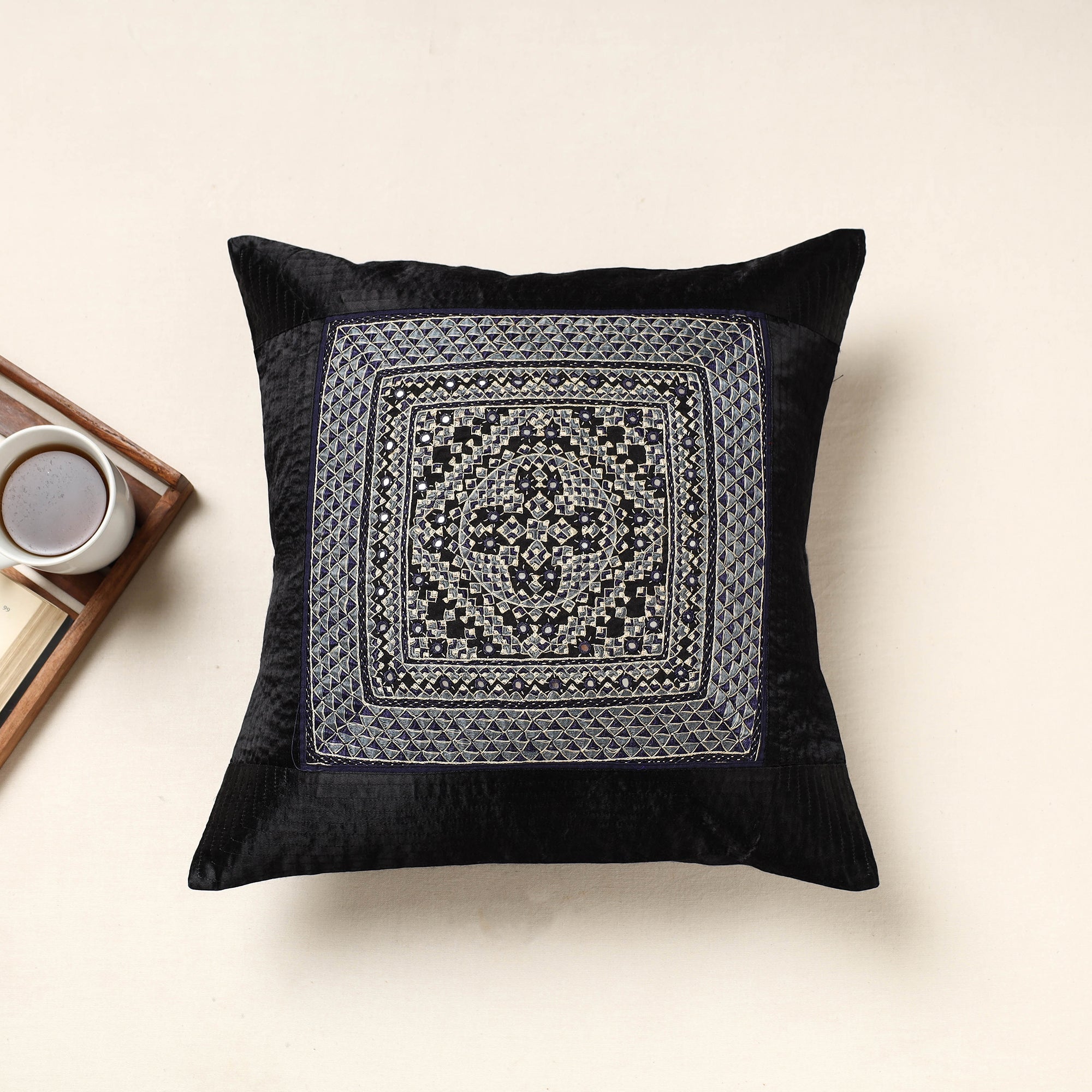 QASAB Black - Kutch Neran Hand Embroidery Mashru Silk Cushion Cover (16 x 16 in)