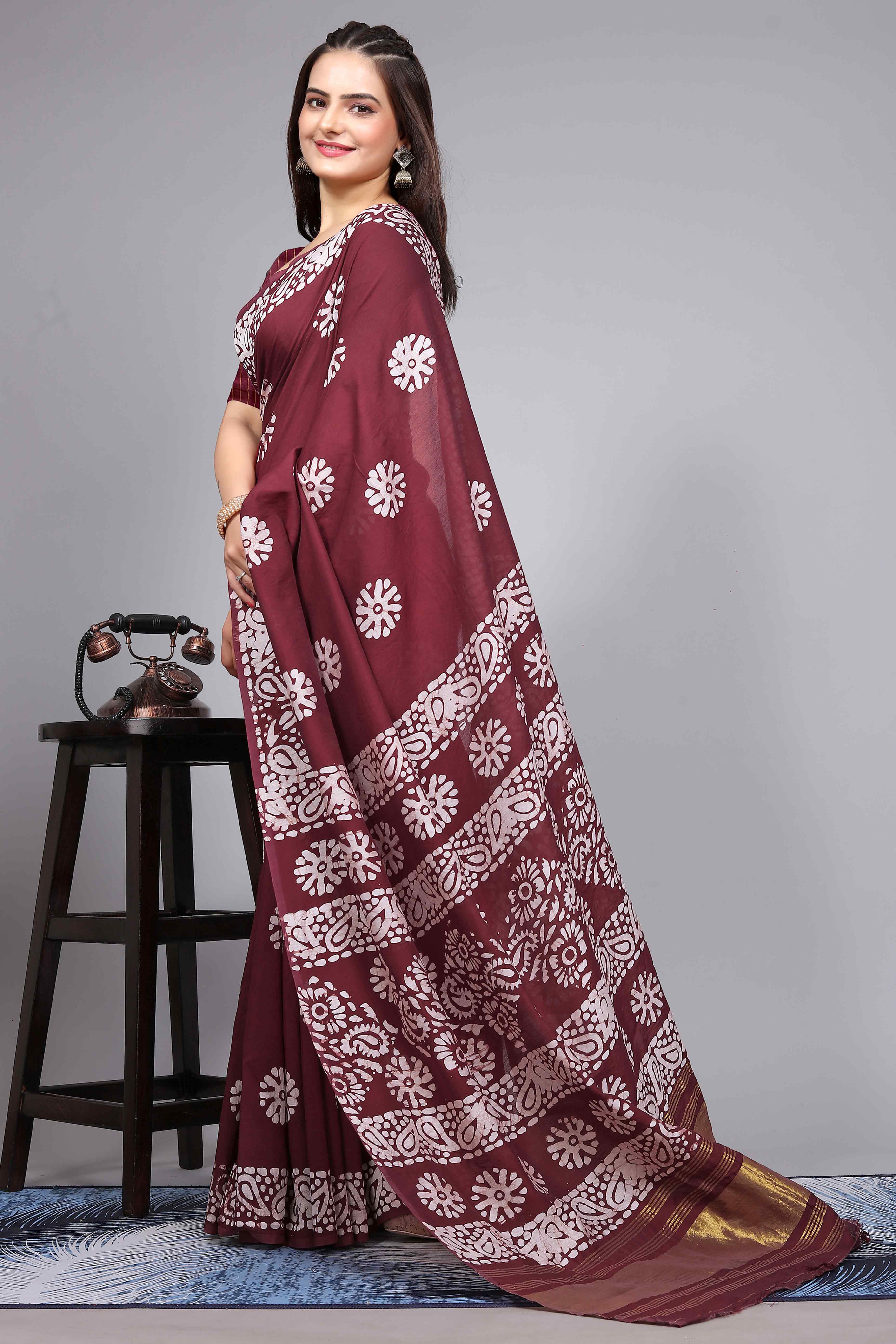 Peachmode Maroon Floral Printed Chanderi Cotton Silk Lagdi patta Saree