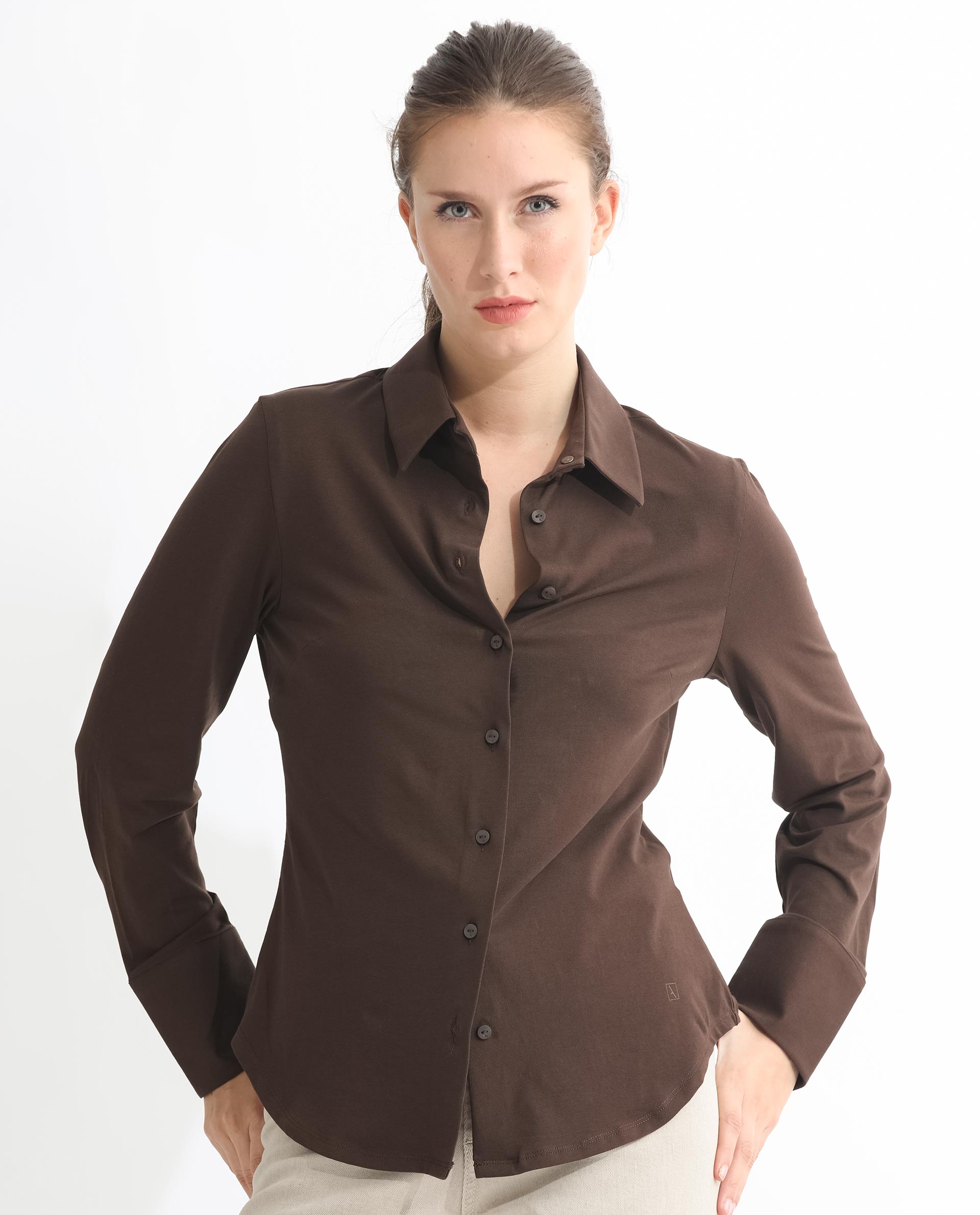 Rareism Women Spie Dark Brown Regular Sleeve Collared Neck Solid Shirt