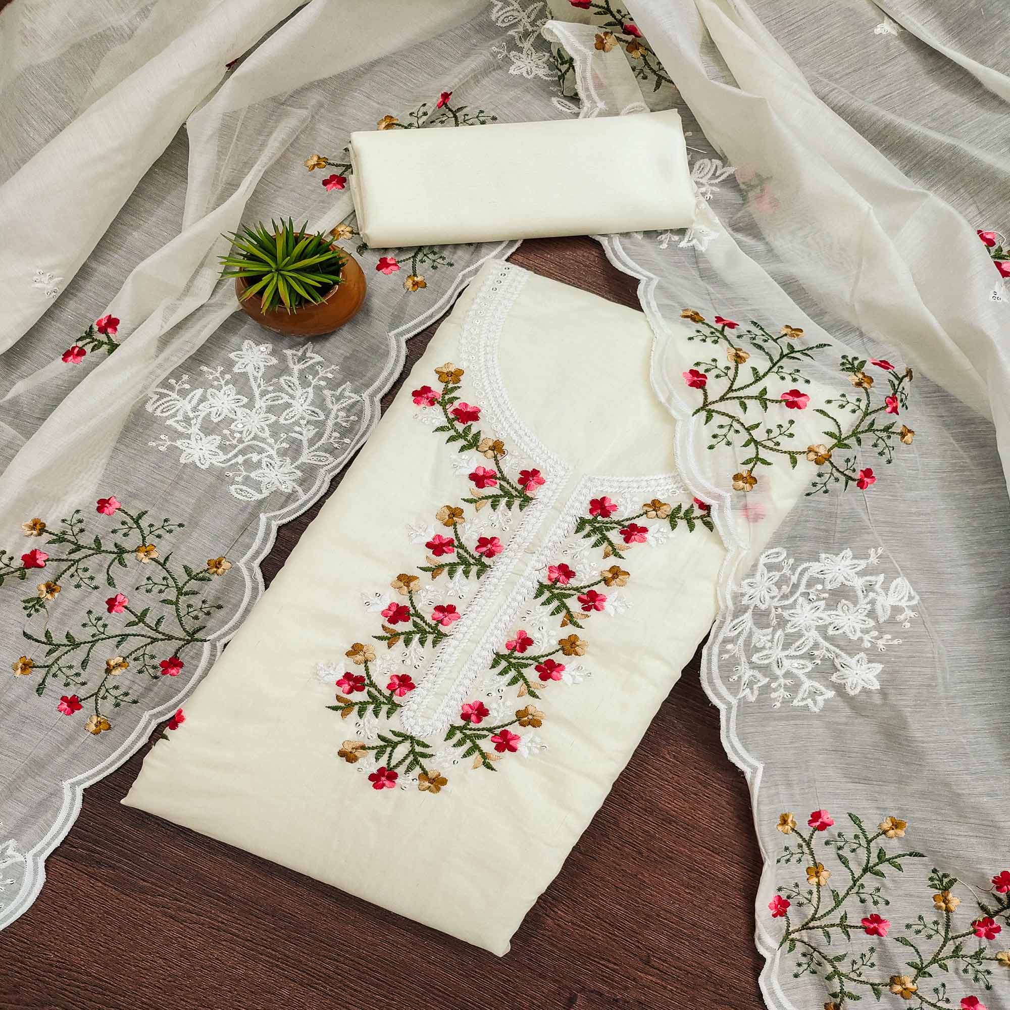 Peachmode Cream Floral Embroidered Chanderi Cotton Dress Material