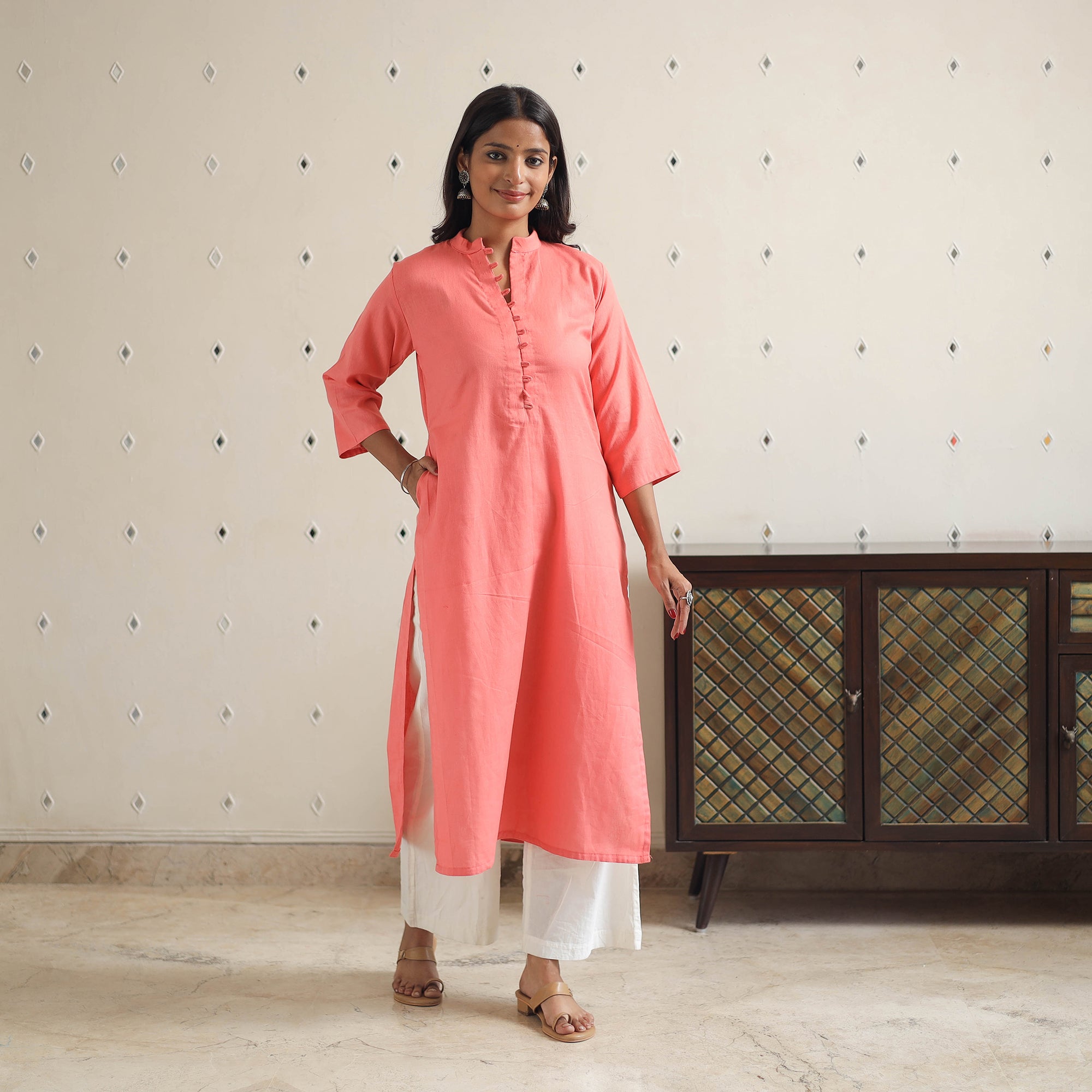 ITOKRI CASUALS Aarohi Peach Flex Cotton Straight Plain Kurta - view 3