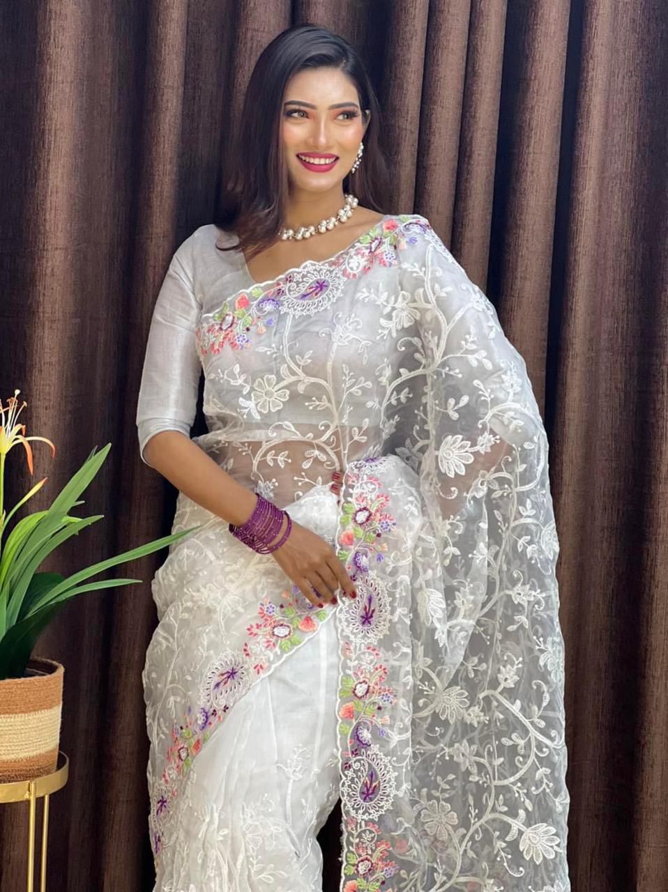 ClothsVilla White Organza Saree with Vibrant 6-Color Thread Embroidery – Paired with Elegant White Silk Blouse - view 2