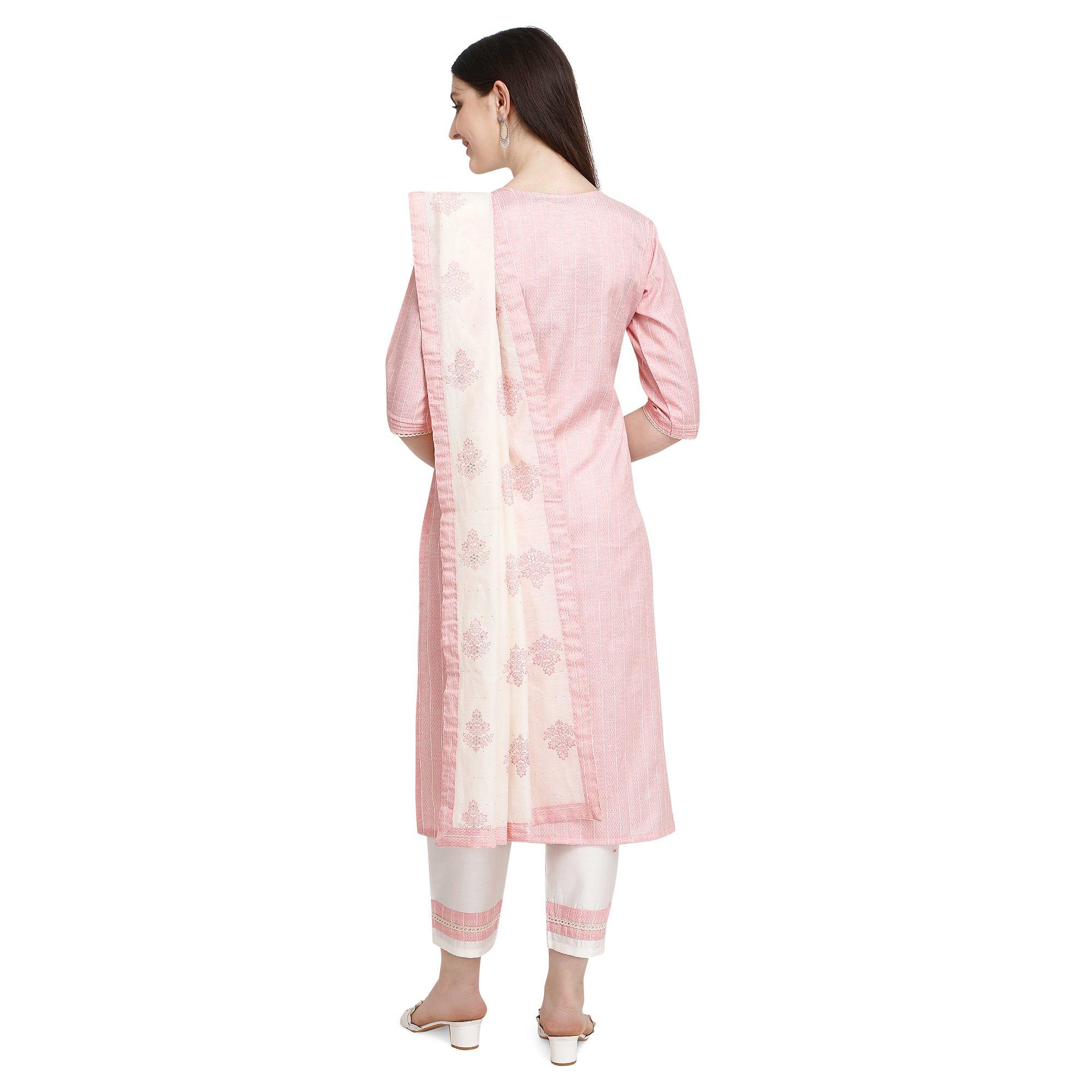 Peachmode Light Pink Floral Embroidered Cotton Blend Kurti Pant Set - view 3