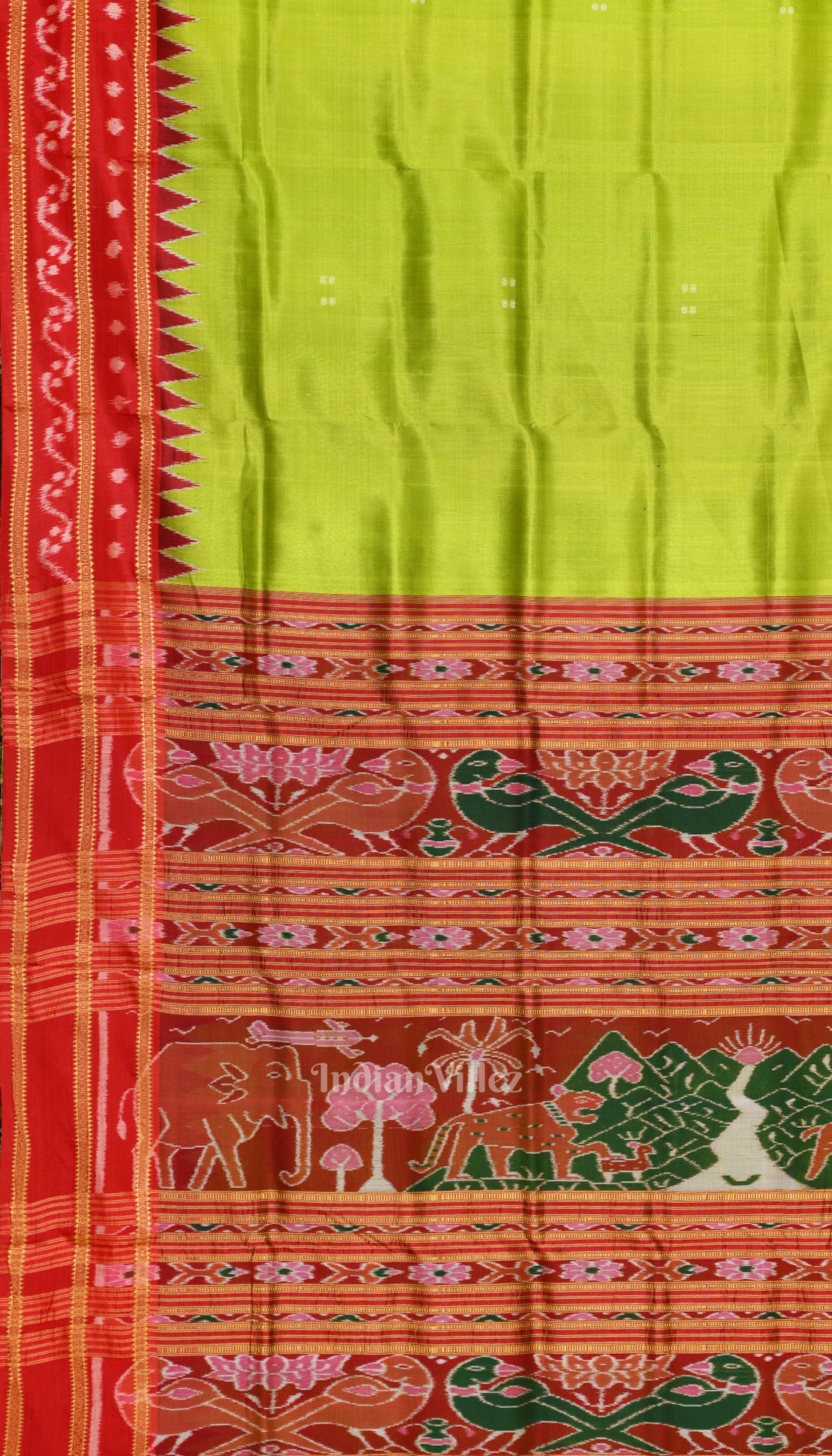 IndianVillèz Parrot Green with Red Butta Design Odisha Ikat Khandua Silk Saree - view 3