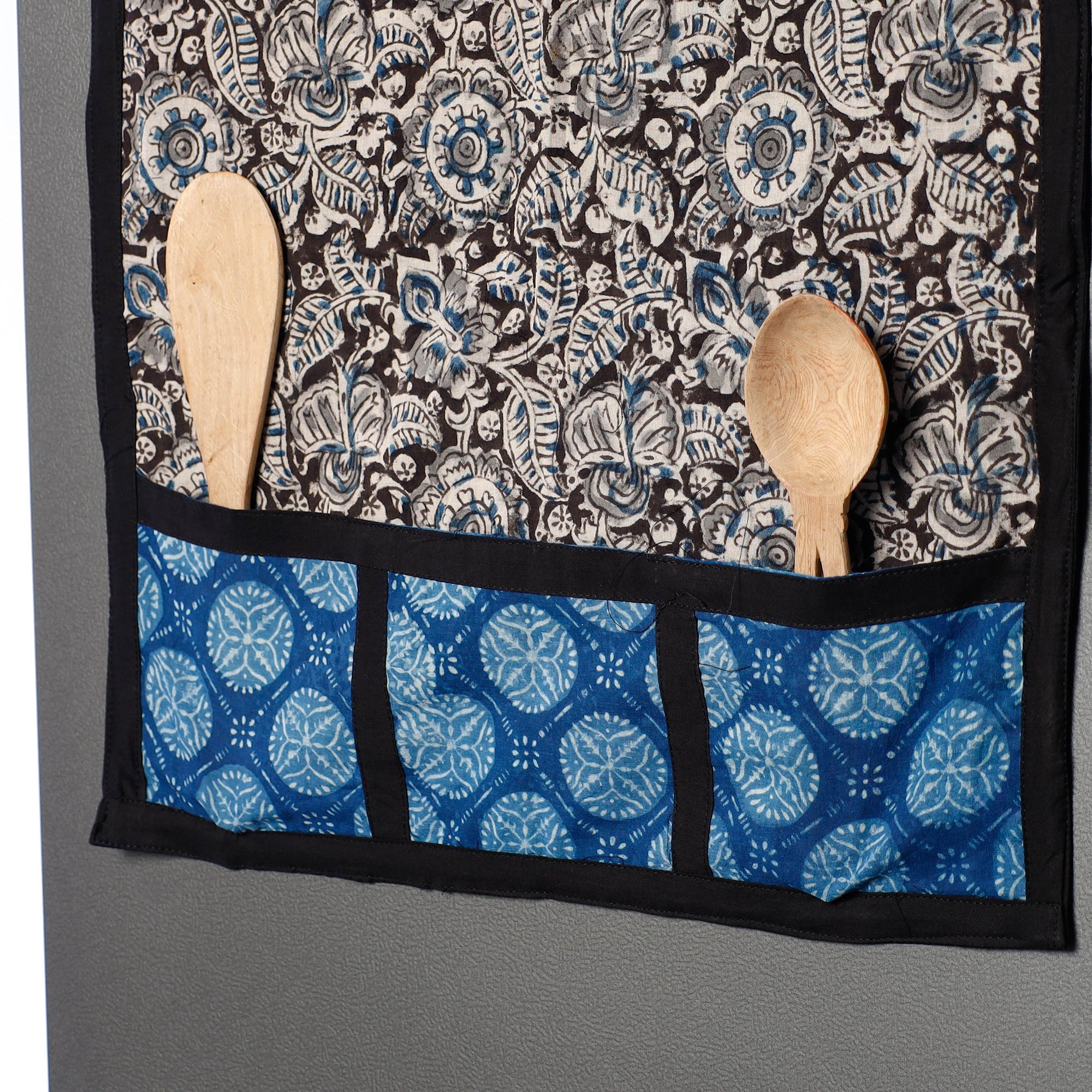 JALPARI Black - Kalamkari Block Printed Cotton Fridge Top Cover with Multiple Pockets - view 2