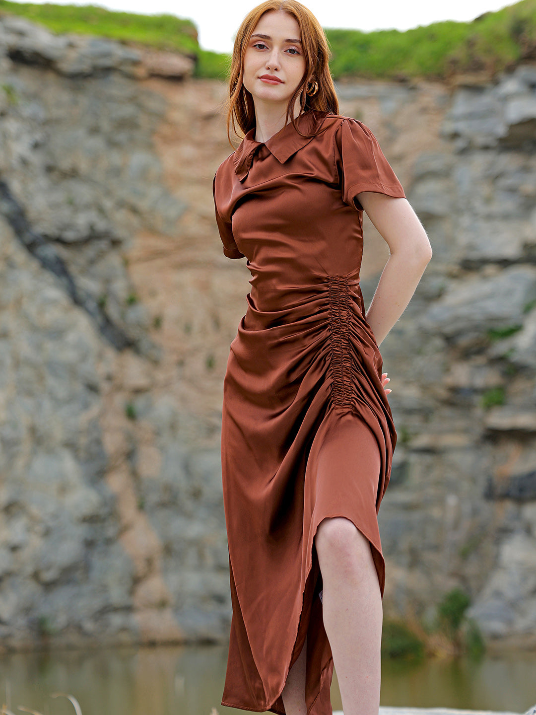 Freehand by The Indian Garage Co Women's Brown Straight Solid Round Neck Asymmetric Dress