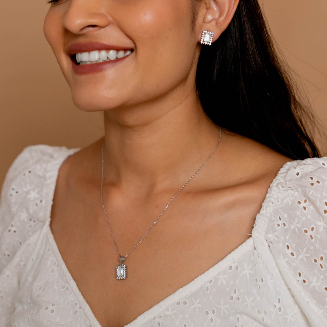 Prinjal Jewellers Silver Set Chain Rectangular Pendant with Earrings with Stones for Women - view 3