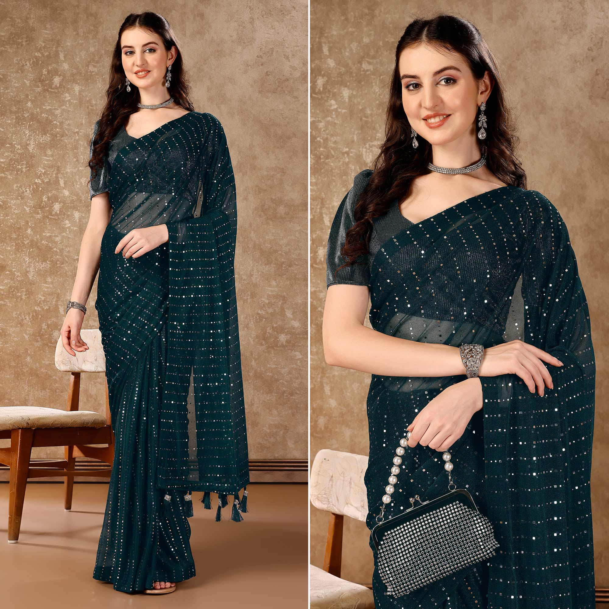 Peachmode Bottle Green Tikali Work Lycra Saree With Tassels