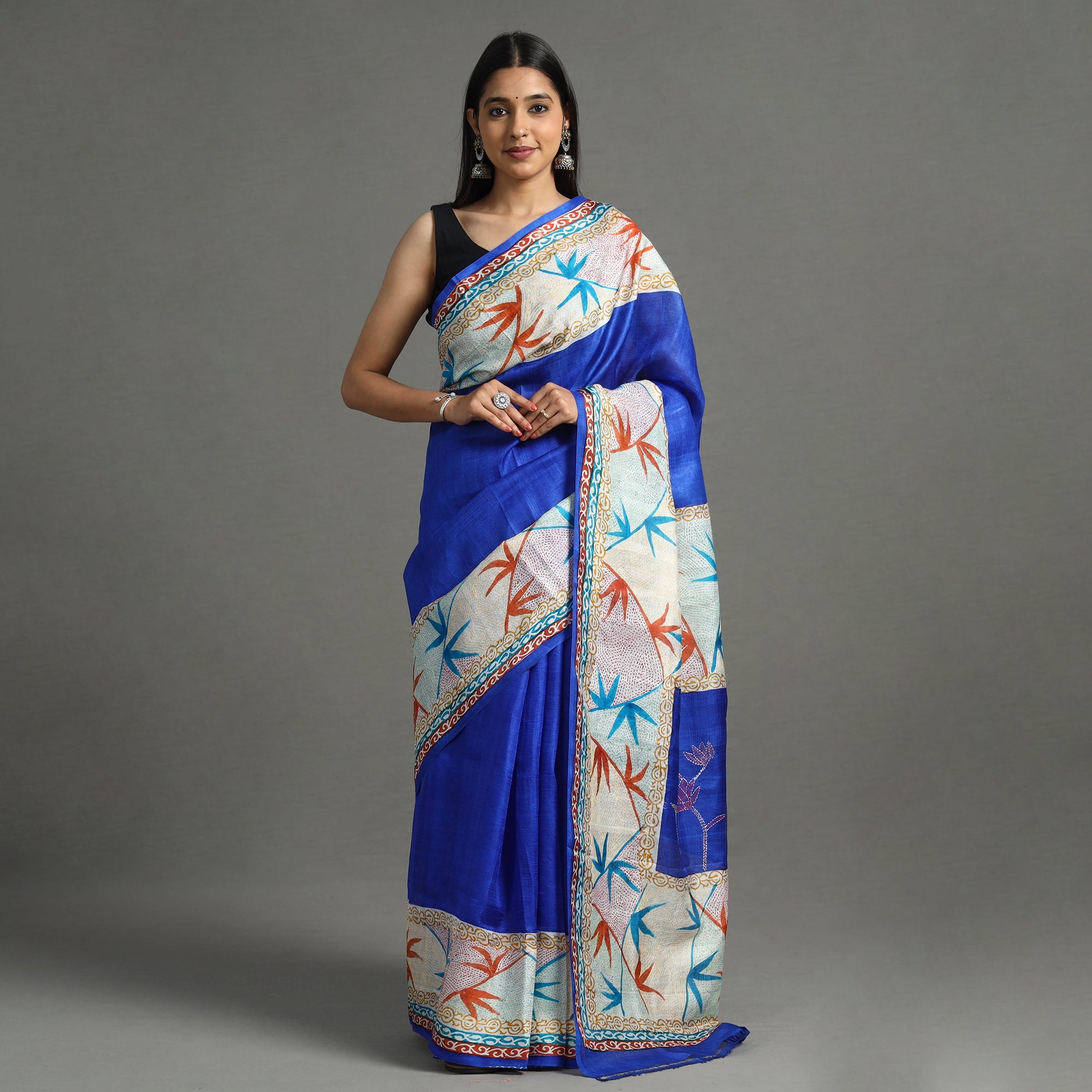 KHUSHBASH - HAPPY LOOM OF EAST Blue - Bengal Kantha Hand Embroidery Block Printed Tussar Silk Handloom Saree