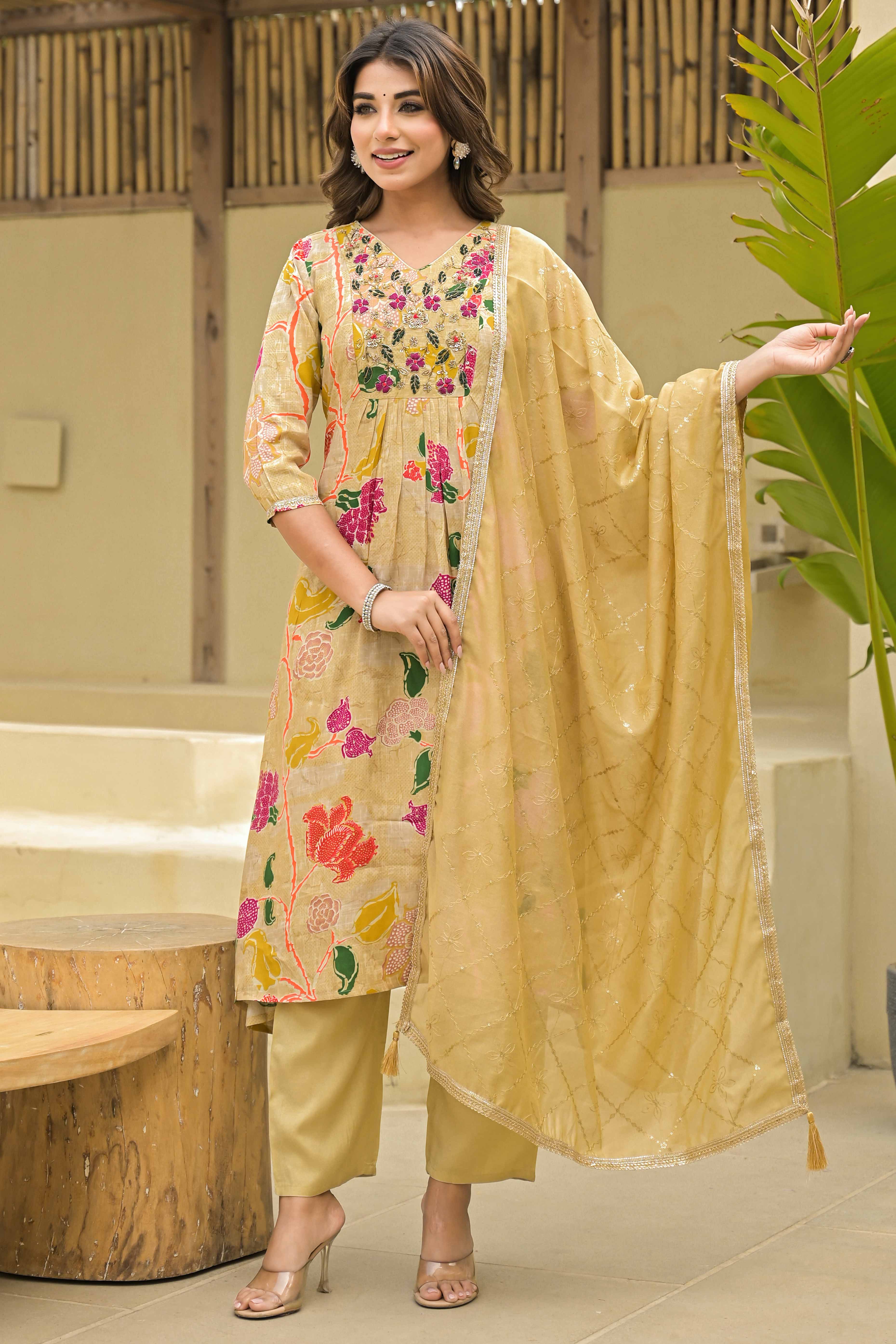 Peachmode Chikoo Floral Printed Muslin Anarkali Style Salwar Suit With Hand Work - view 3