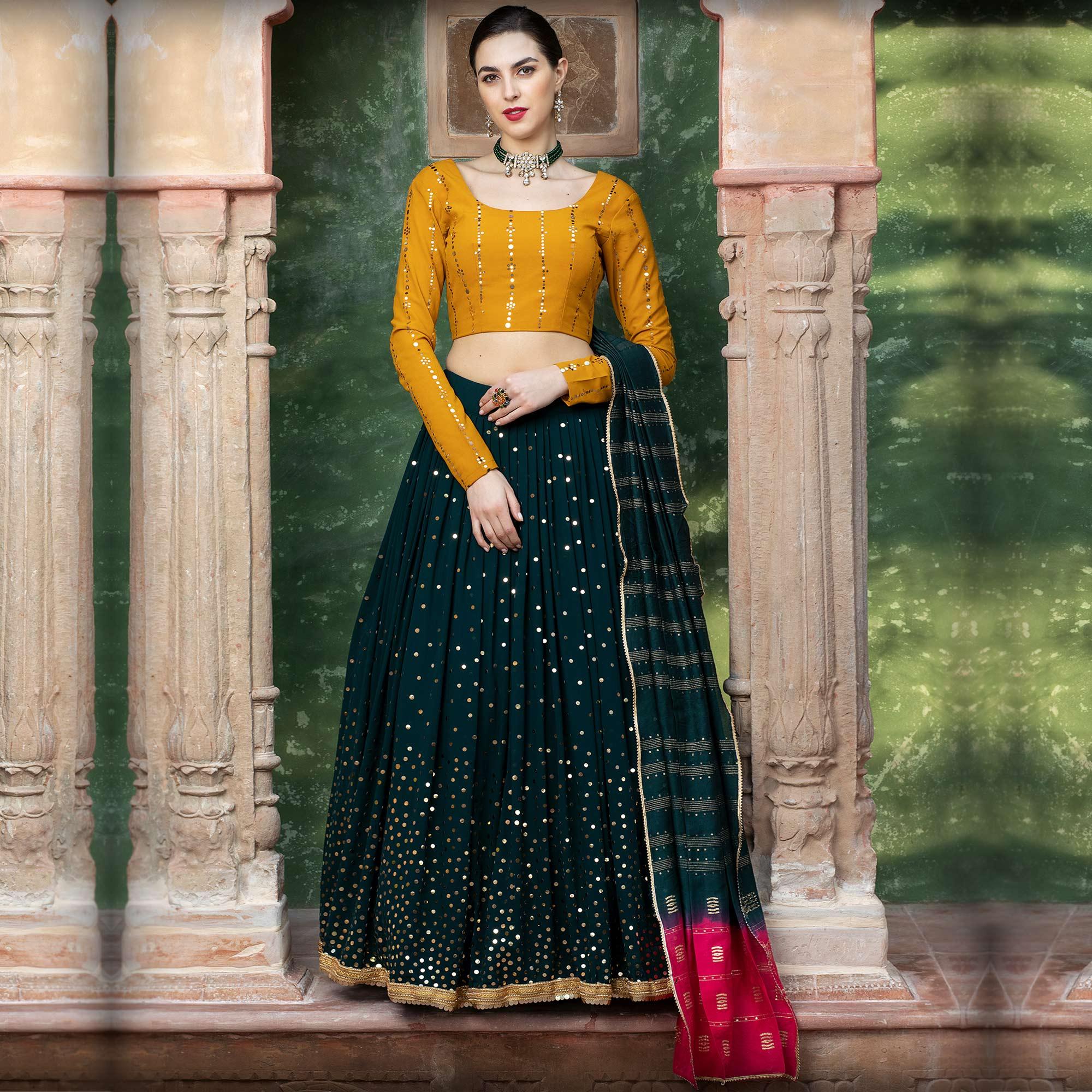 Peachmode Elegant Dark Green Coloured Festive Wear Fancy Sequins Work Georgette Lehenga Choli