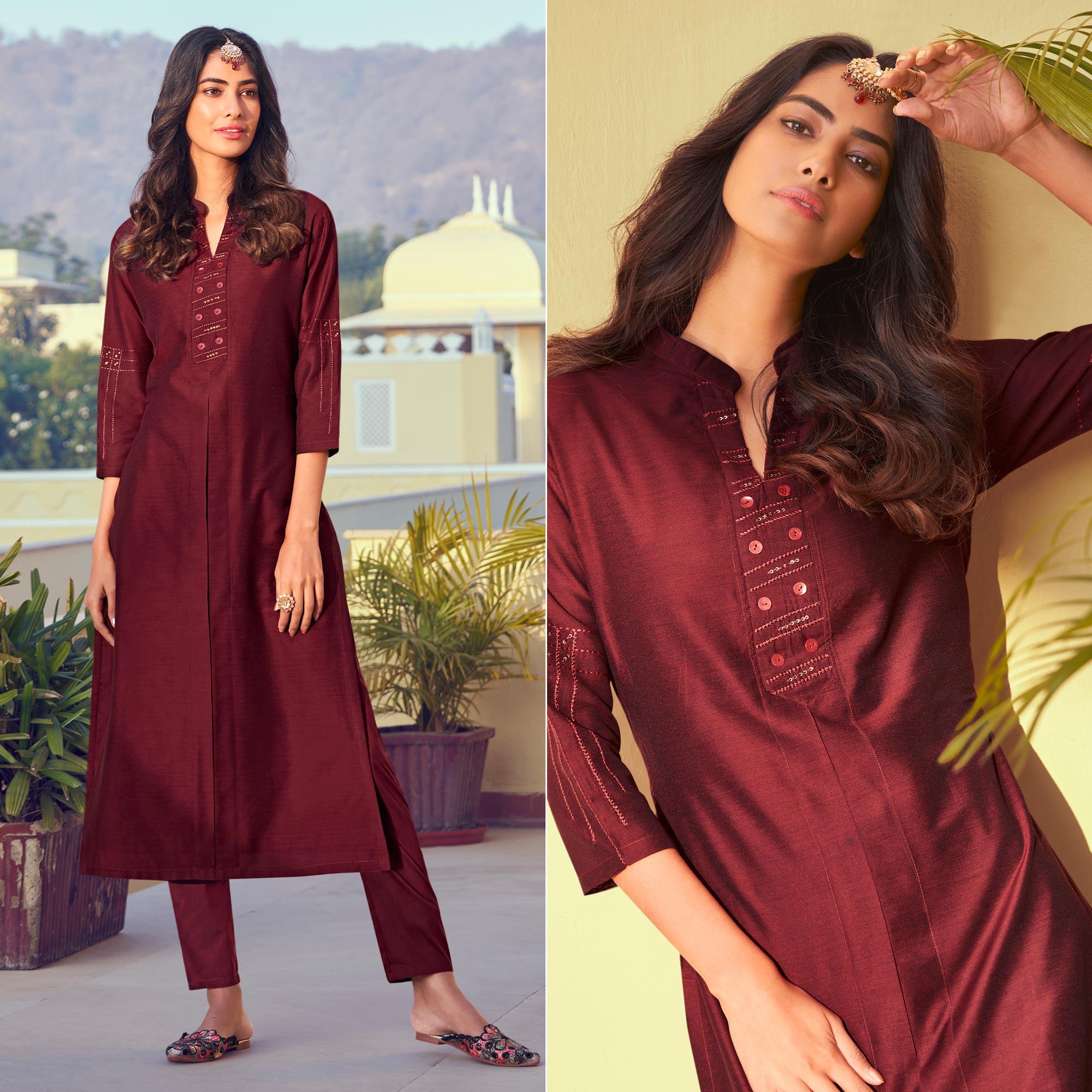 Peachmode Seller Maroon Sequins Embroidered Art Silk Kurti Pant Set