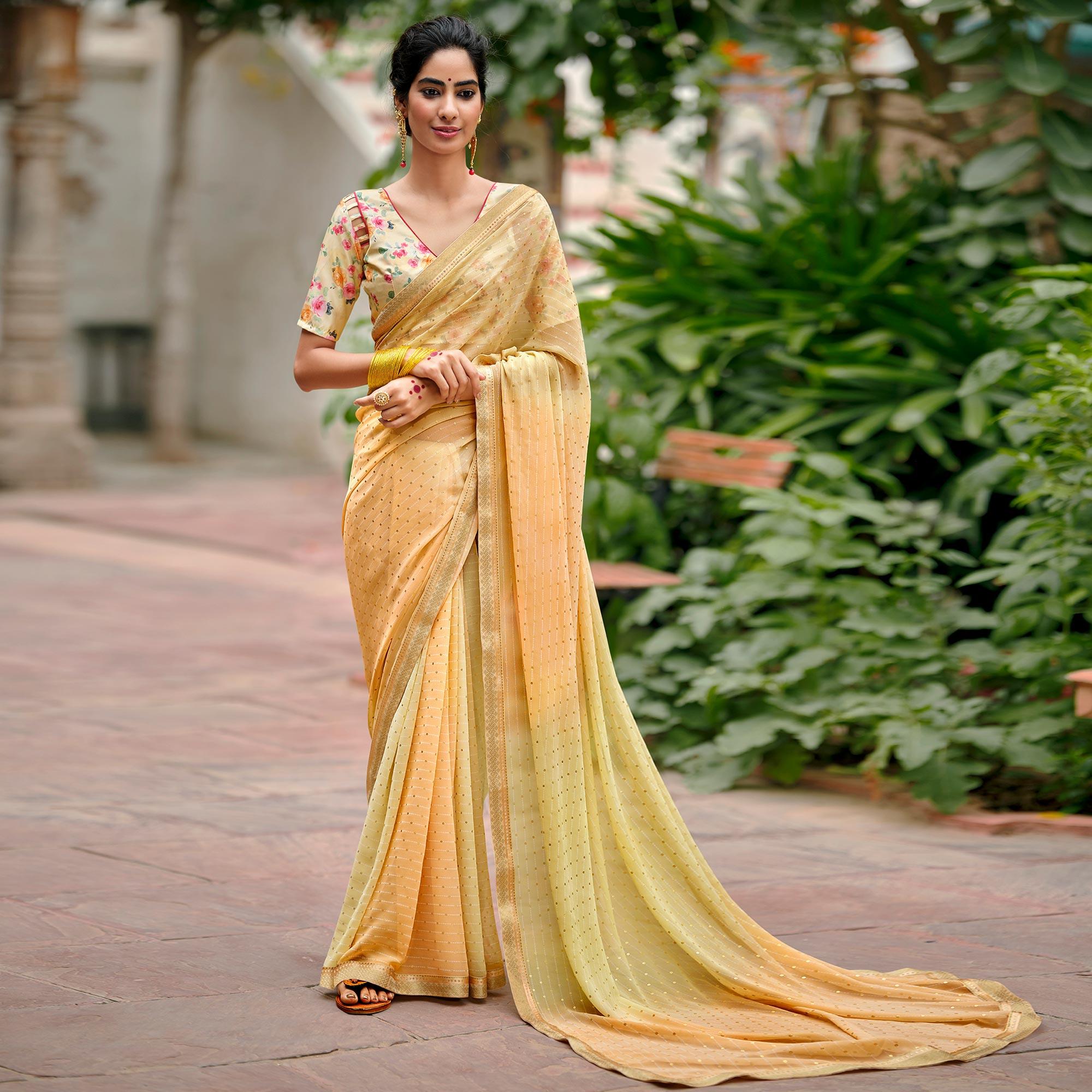 Peachmode Light Peach Casual Wear Foil Printed Georgette Saree