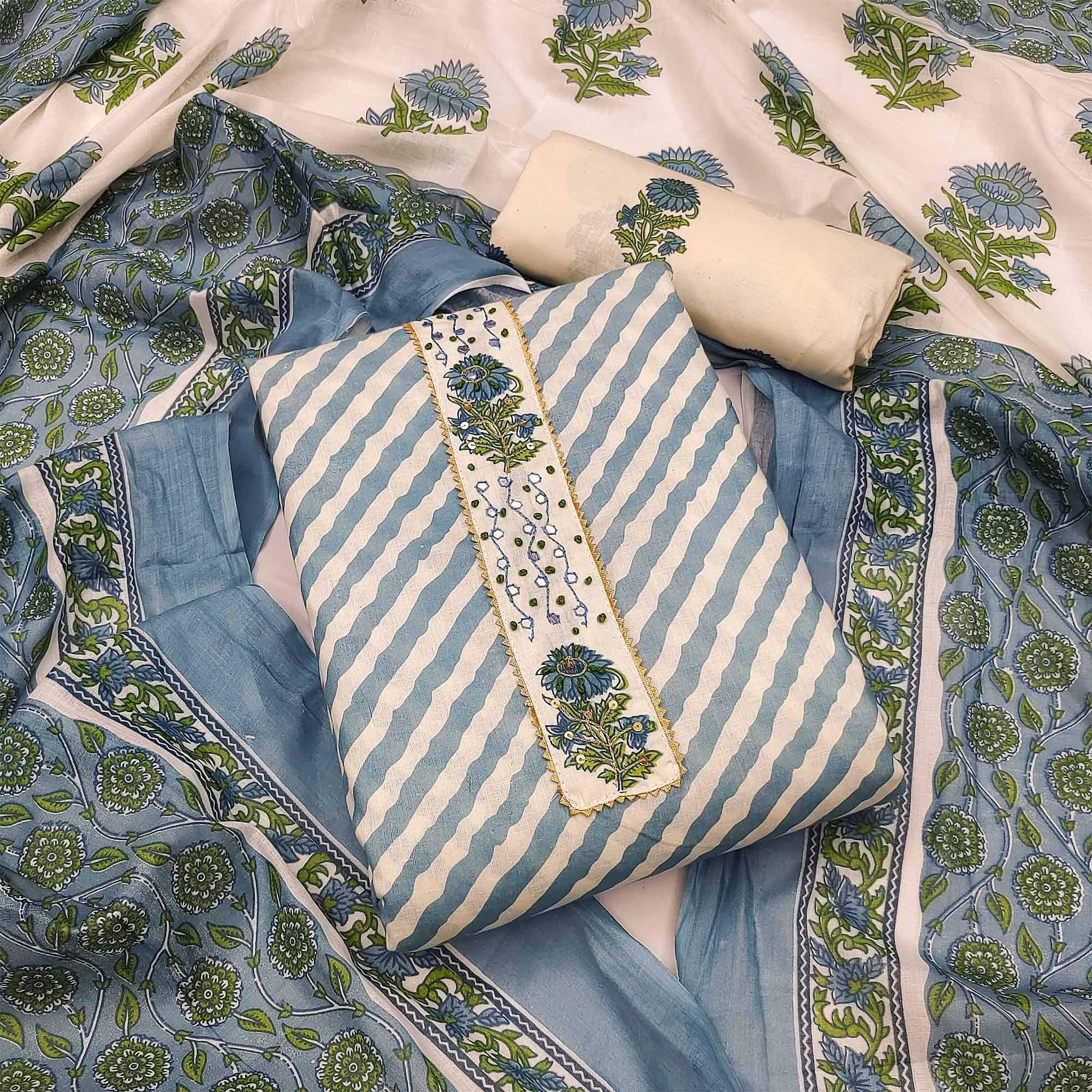 Peachmode Grey Stripe Printed With Embellished Cotton Dress Material