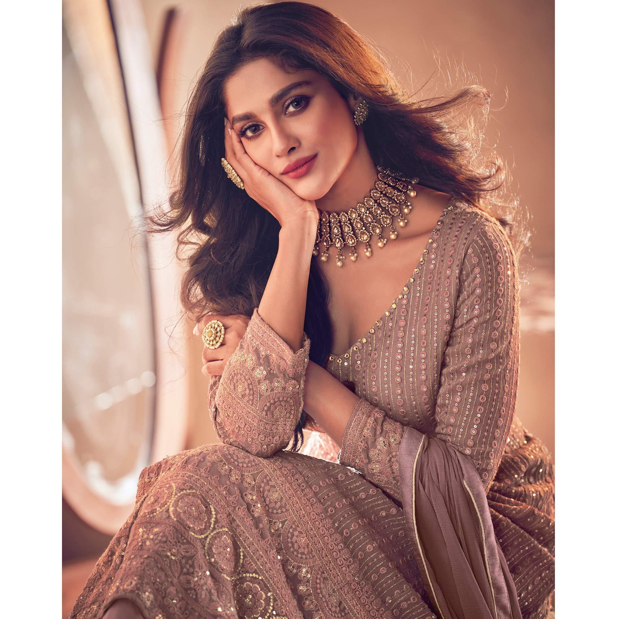 Peachmode Brown Partywear Embroidered Georgette Top Skirt Set - view 2