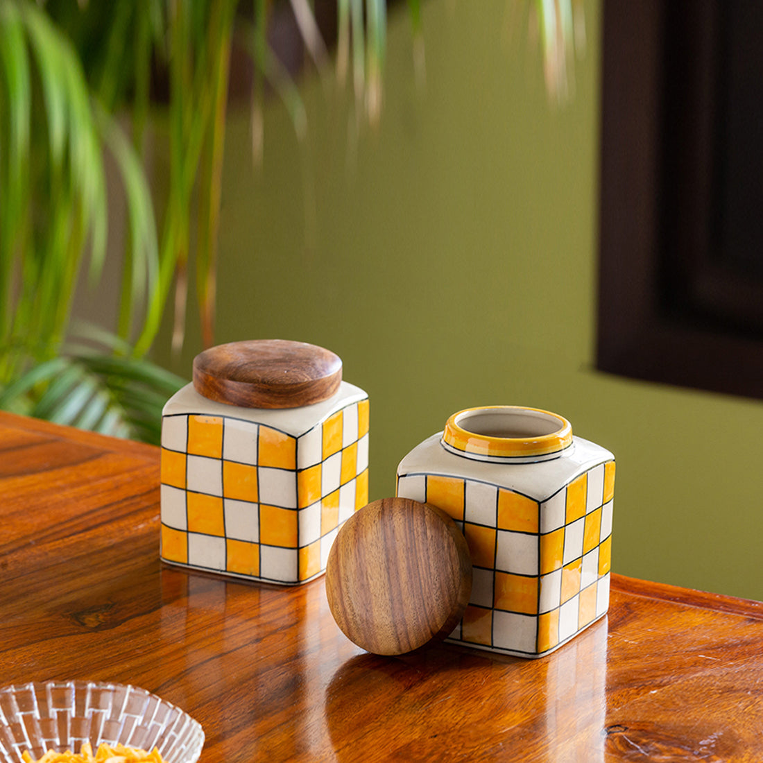 EXCLUSIVELANE 'Shatranj Checkered' Handpainted Multi-Purpose Storage Jars & Containers in Ceramic (Airtight, Set of 2, 200 ML, 4 Inch)