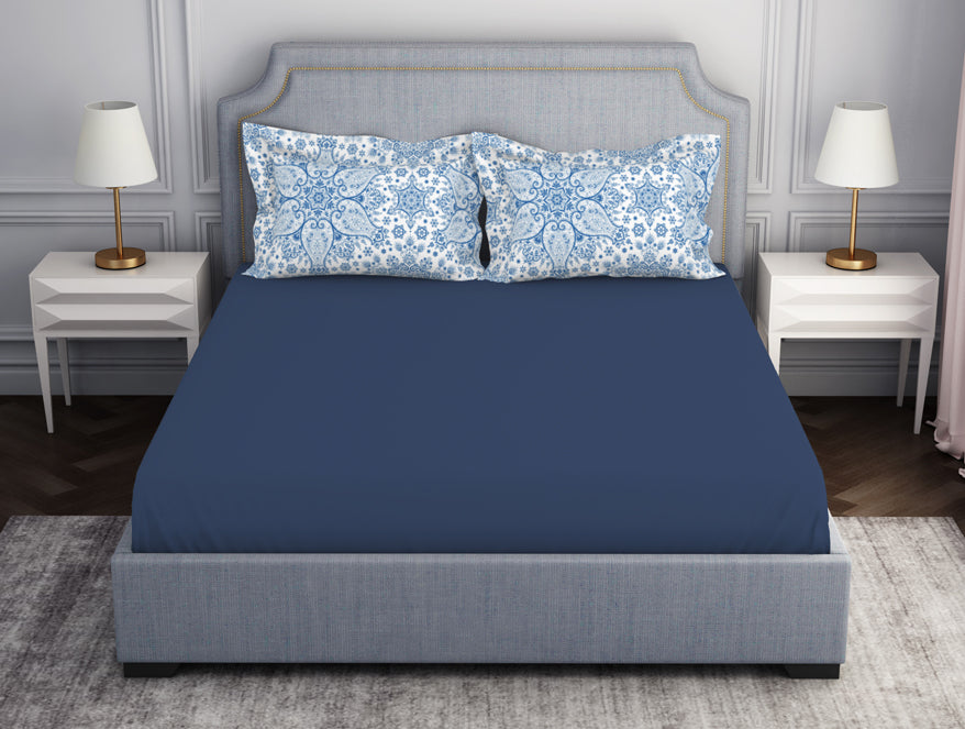 Spaces India Ornamenta Ornate Mineral Blue 100% Cotton King Size Bedsheet - Essentials by Spaces