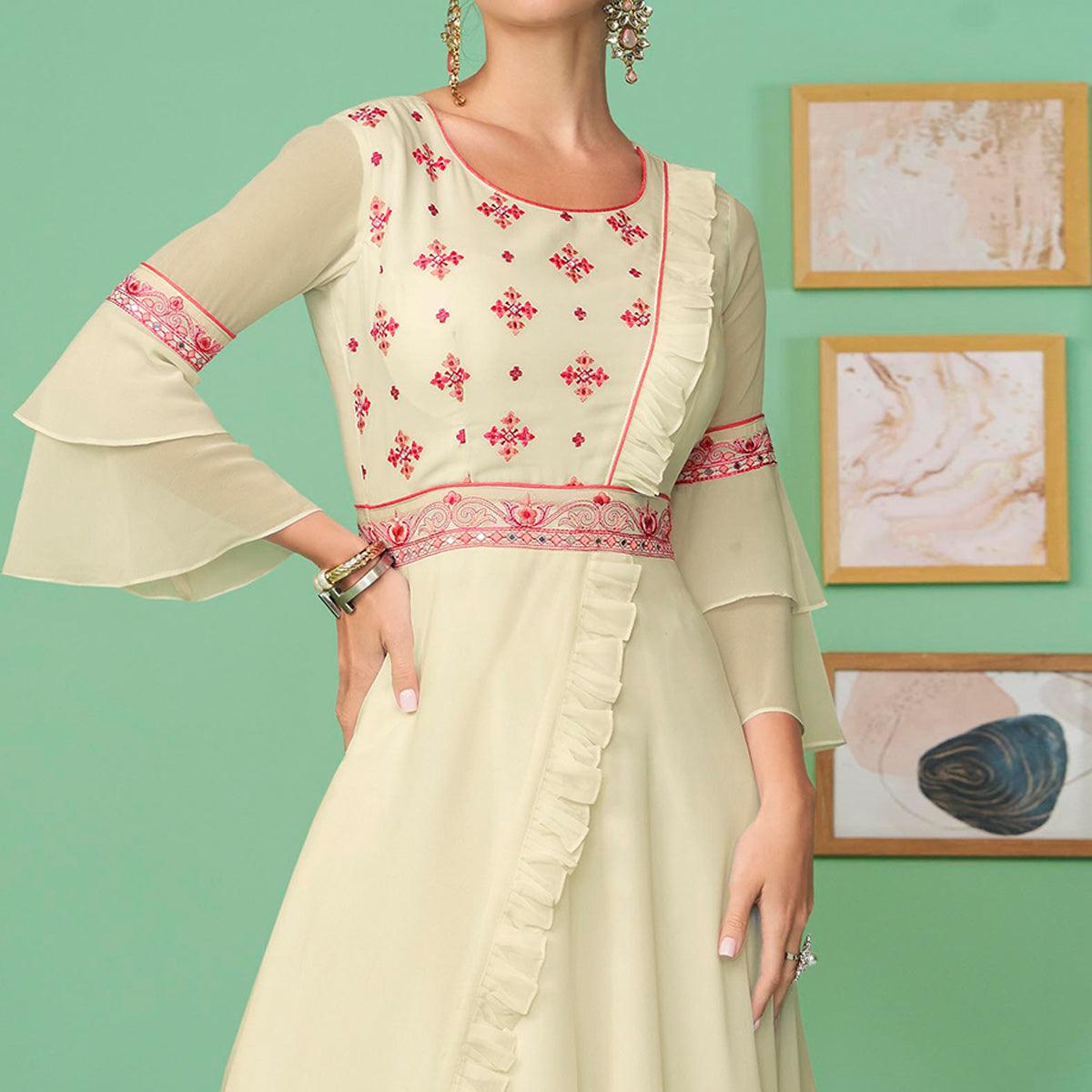 Peachmode Cream Embroidered Georgette Gown - view 2