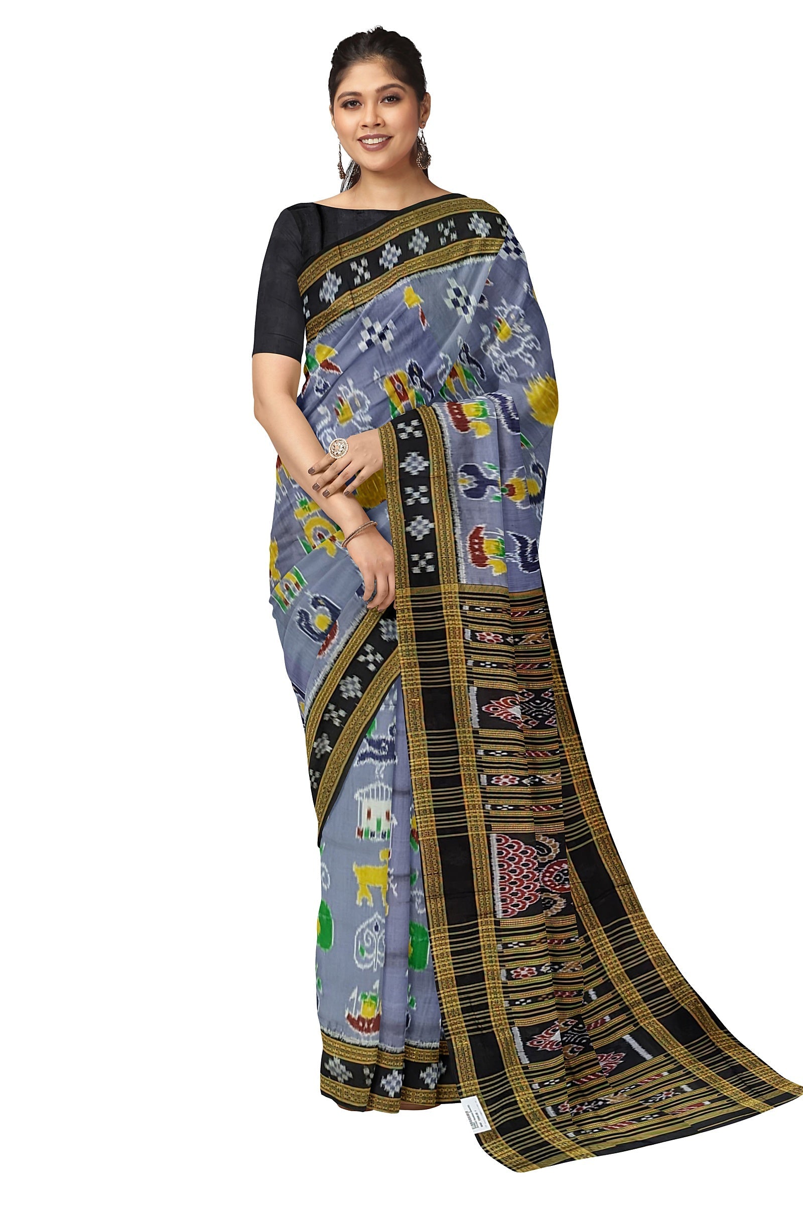 IndianVillèz Ash Grey Nabakothi Nabarangi Khandua Silk Saree with Pasapali Anchal